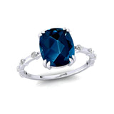 Cushion Cut London Blue Topaz Engagement Ring with Distant Diamond Band - GeumJewels