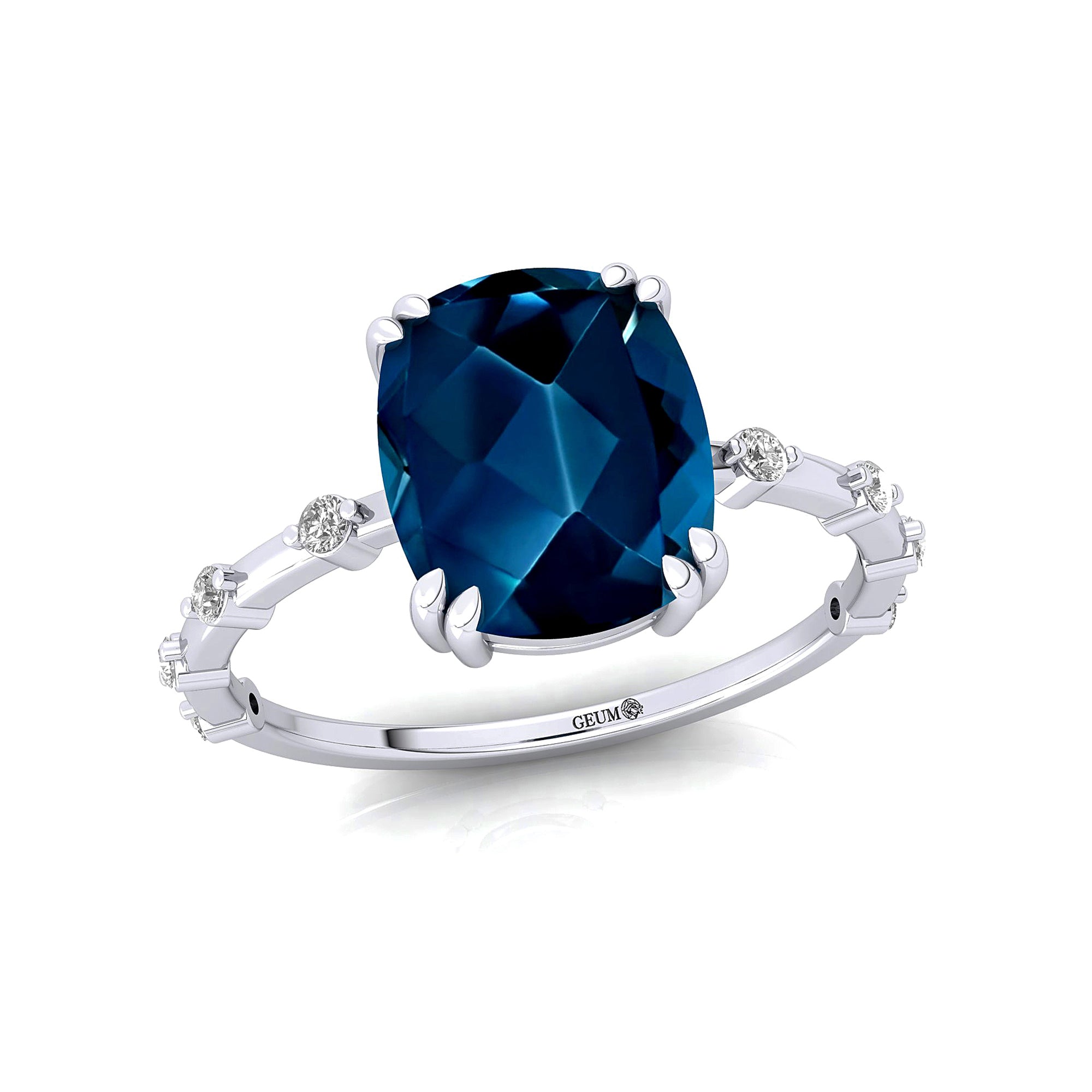 Cushion Cut London Blue Topaz Engagement Ring with Distant Diamond Band - GeumJewels