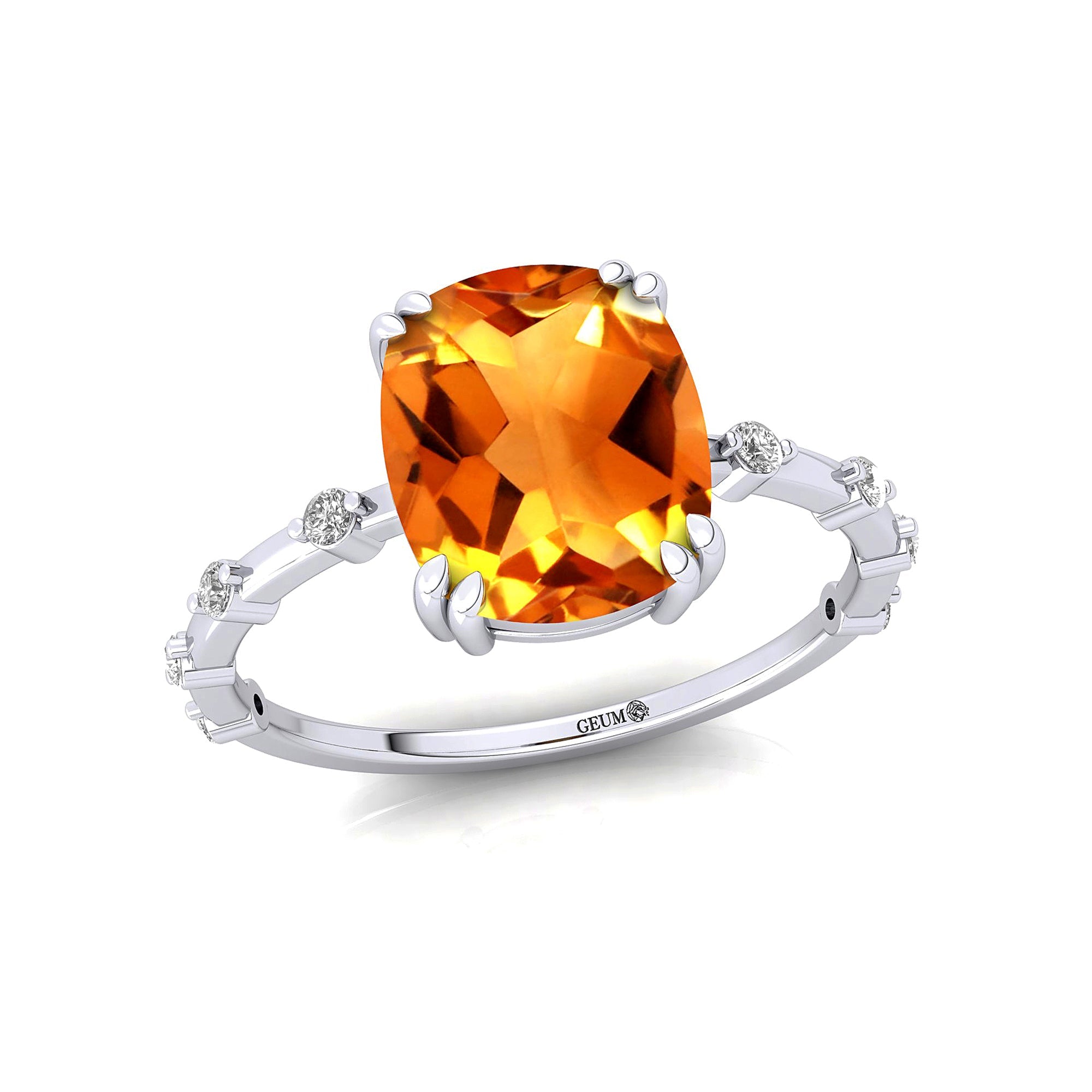 Cushion Cut Citrine Engagement Ring with Distant Diamond Band - GeumJewels