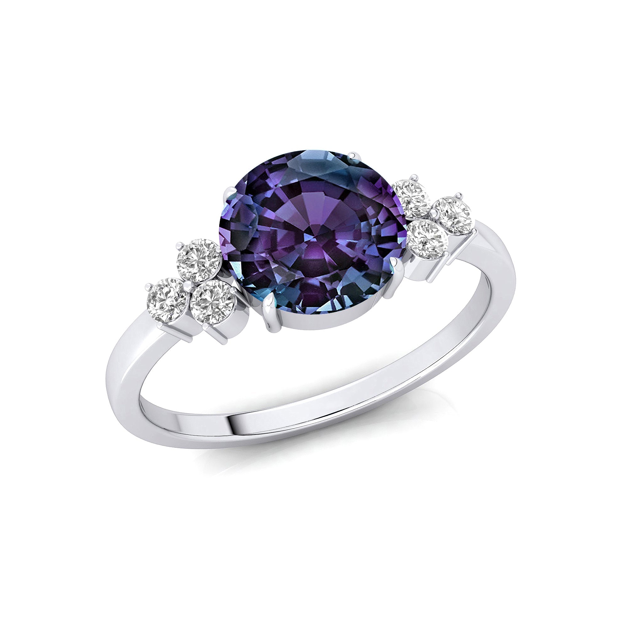 Trio Diamond Engagement Ring with Round Solitaire Alexandrite - GeumJewels