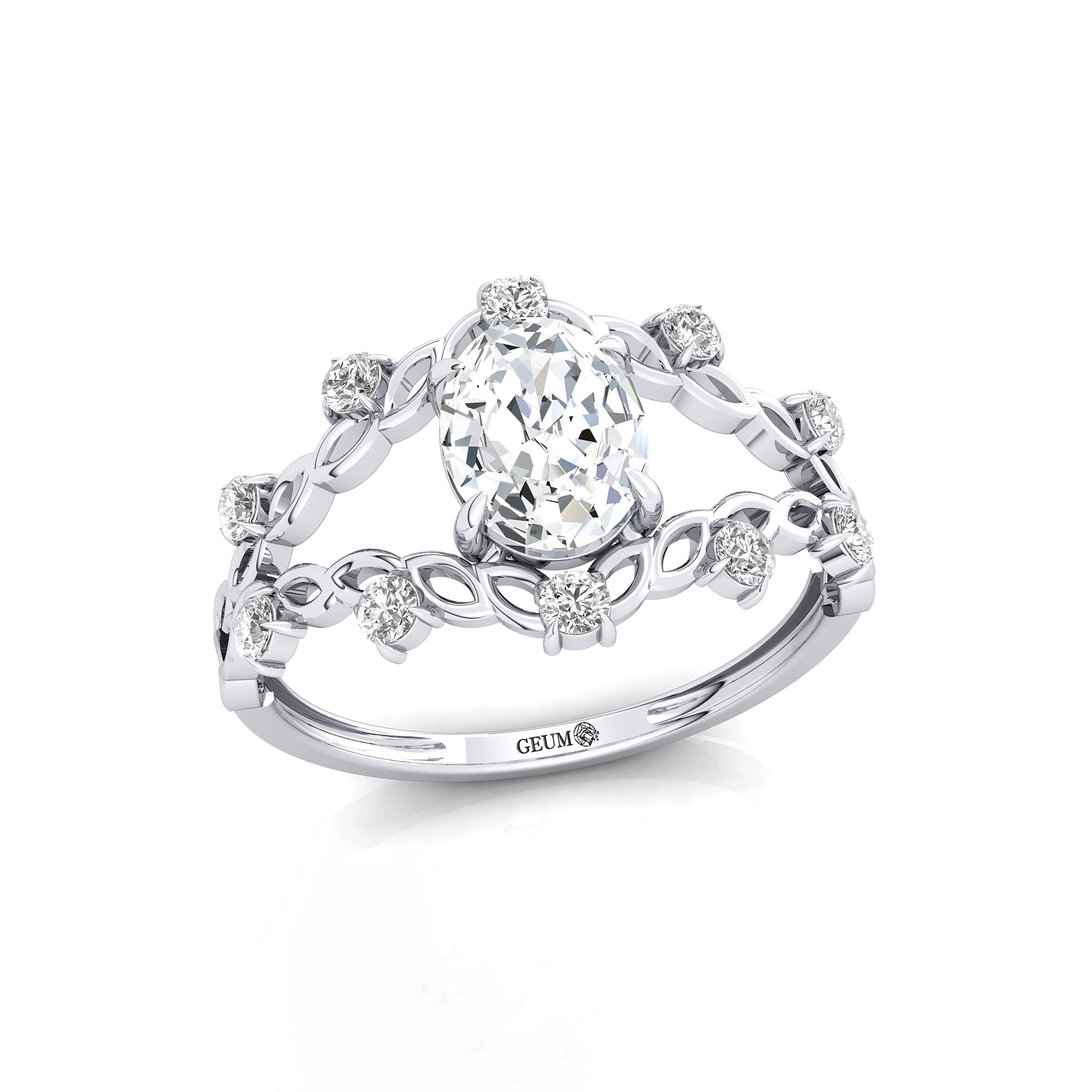Flower Inspired Ring with Oval Shaped Lab Diamond and Accent Diamonds - GeumJewels