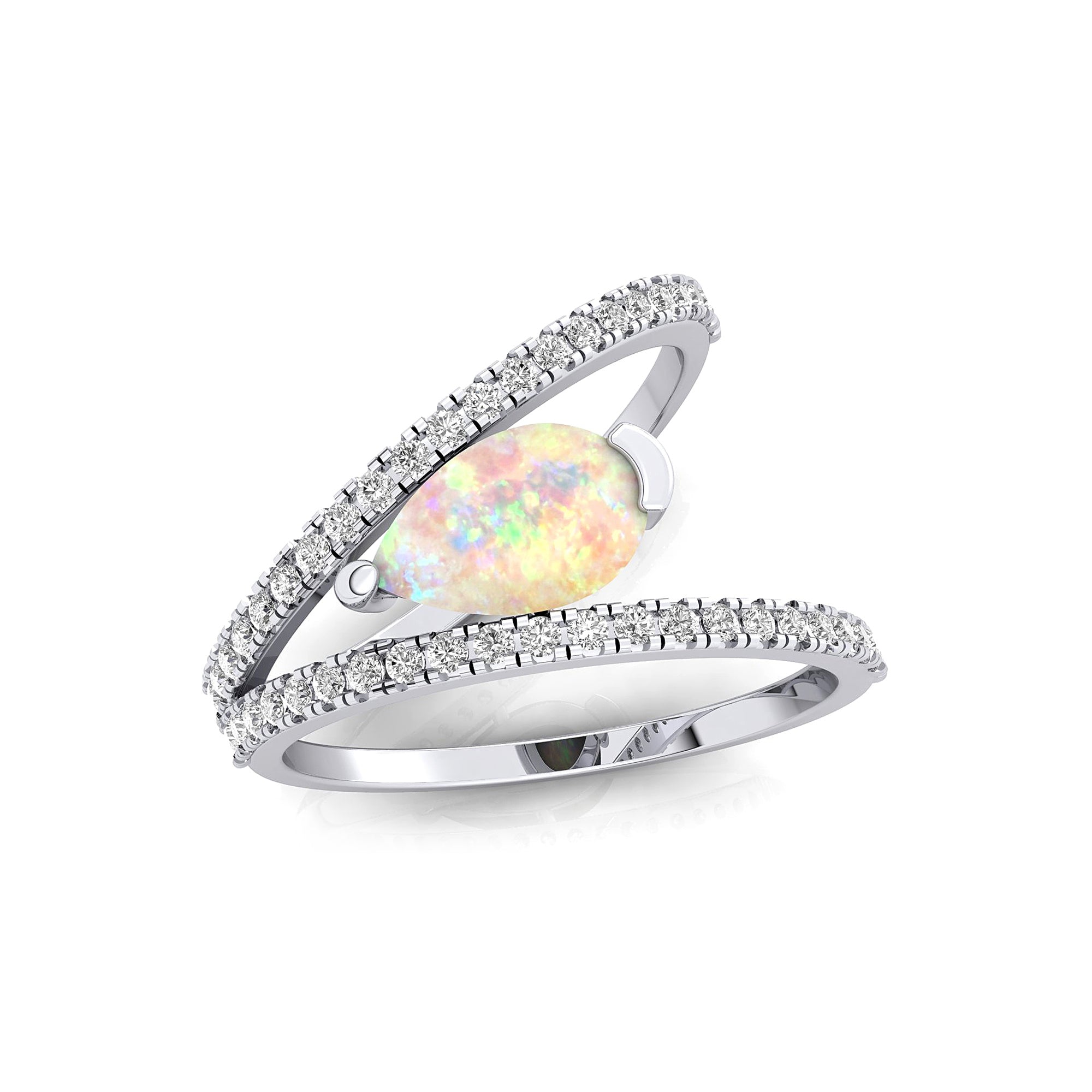 Fashionable V Shaped Diamond Ring with Pear Cut Opal - GeumJewels