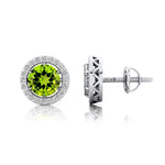 Round Solitaire Peridot Halo Diamond Stud Earrings - GeumJewels