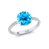 Classic Six Prong Round Solitaire Swiss Blue Topaz Ring with Accent Diamond Band - GeumJewels