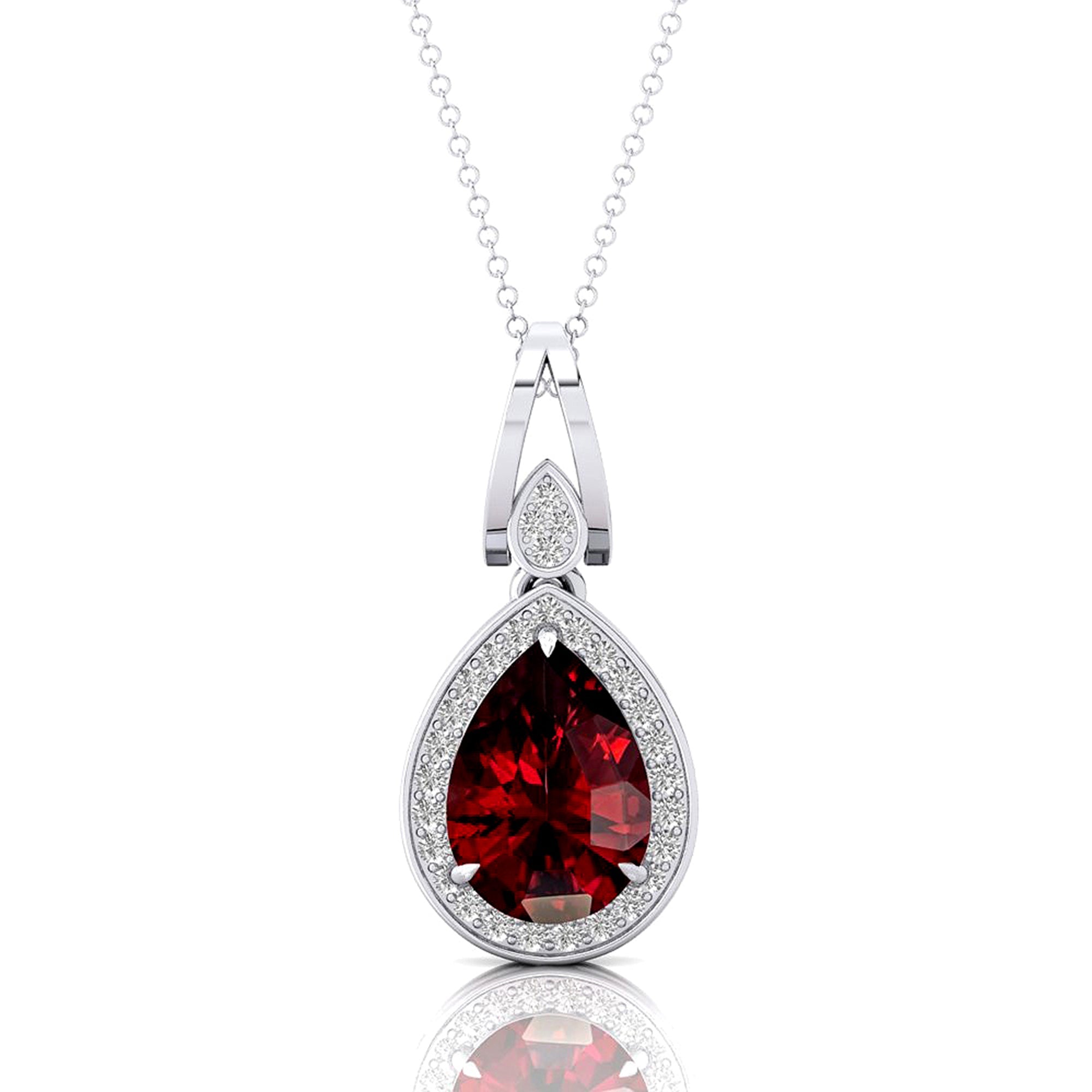 Classic Teardrop Shaped Garnet Halo Diamond Dangle Pendant - GeumJewels