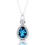 Classic Teardrop Shaped London Blue Topaz Halo Diamond Dangle Pendant - GeumJewels