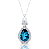 Classic Teardrop Shaped London Blue Topaz Halo Diamond Dangle Pendant - GeumJewels