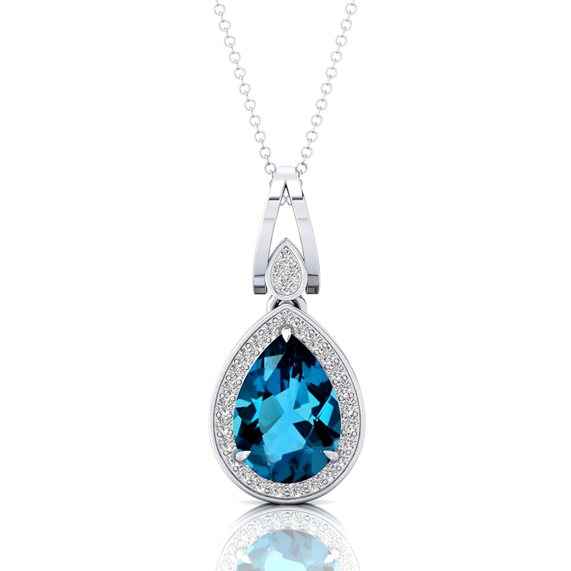 Classic Teardrop Shaped London Blue Topaz Halo Diamond Dangle Pendant - GeumJewels