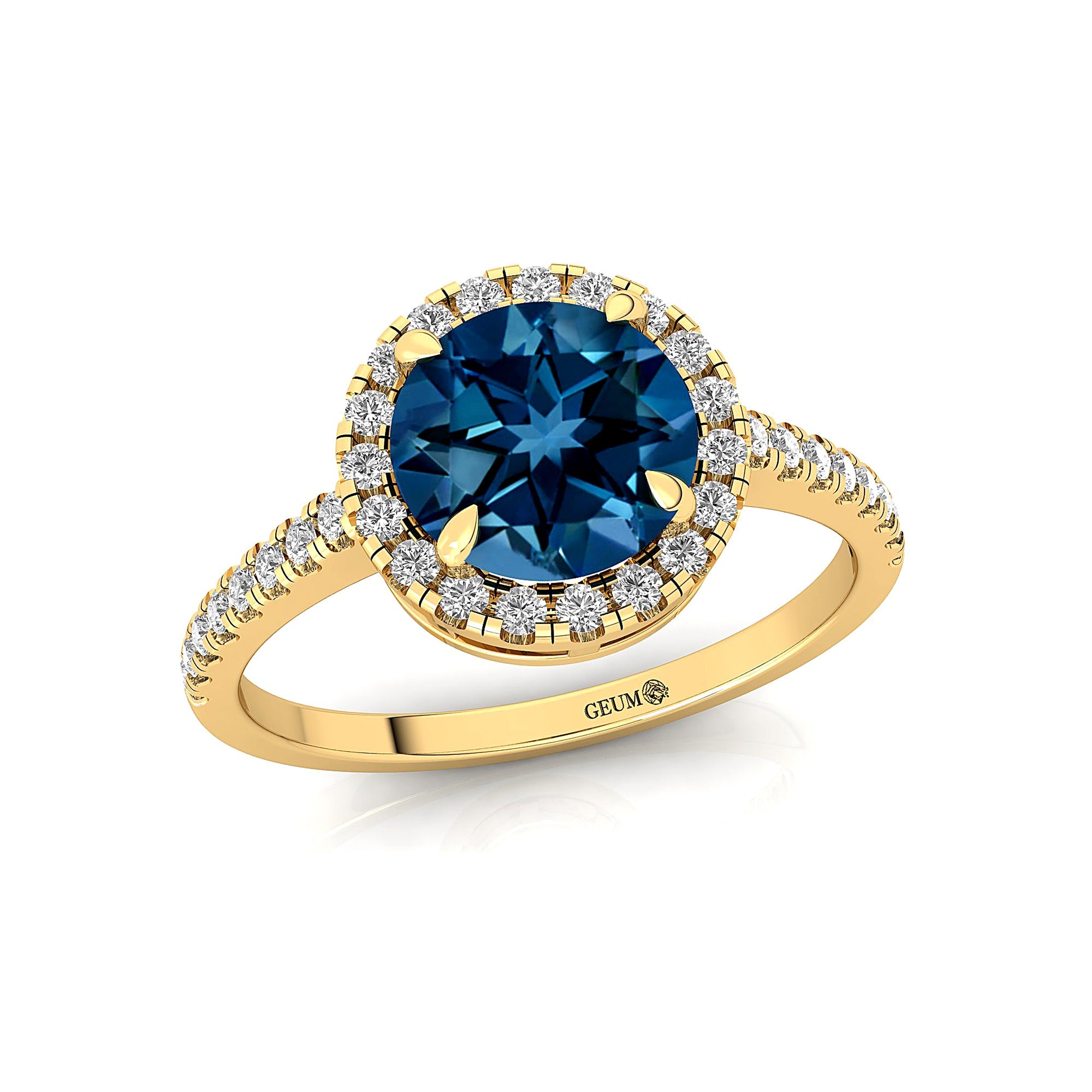 Classic Round Halo Diamonds with Solitaire London Blue Topaz Engagement Ring - GeumJewels