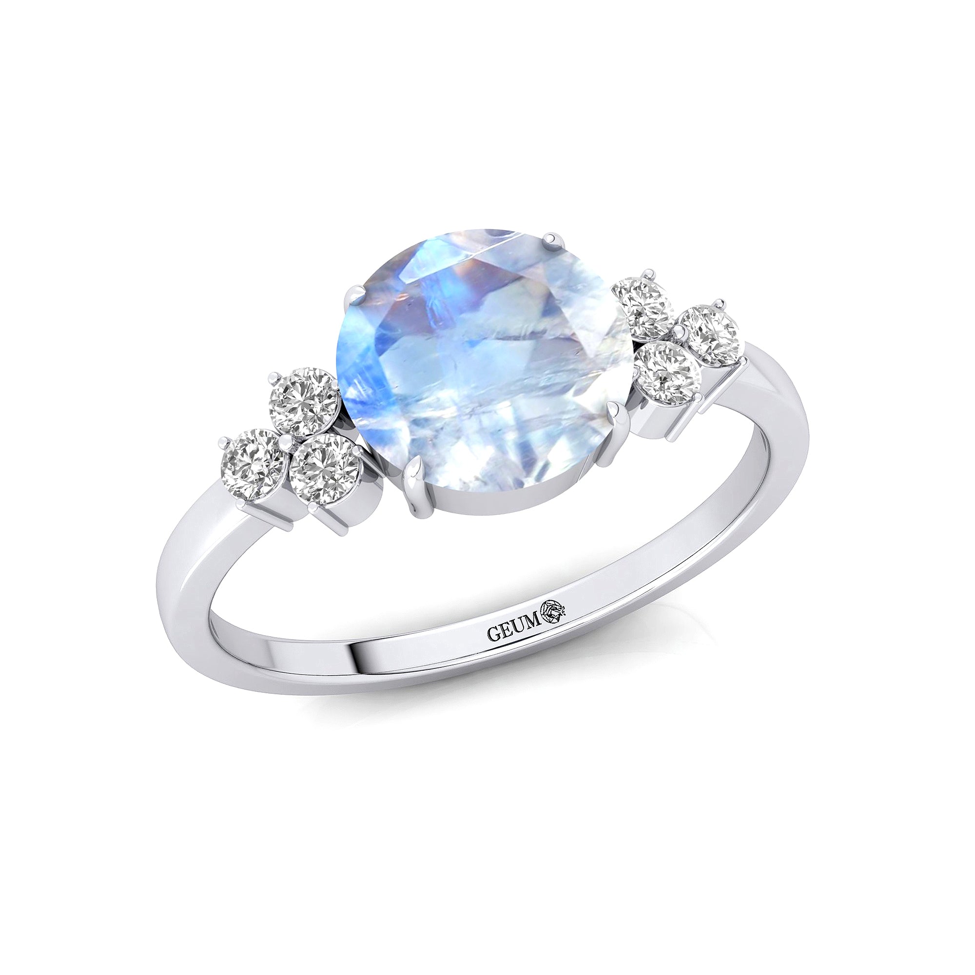 Trio Diamond Engagement Ring with Round Solitaire Moonstone - GeumJewels