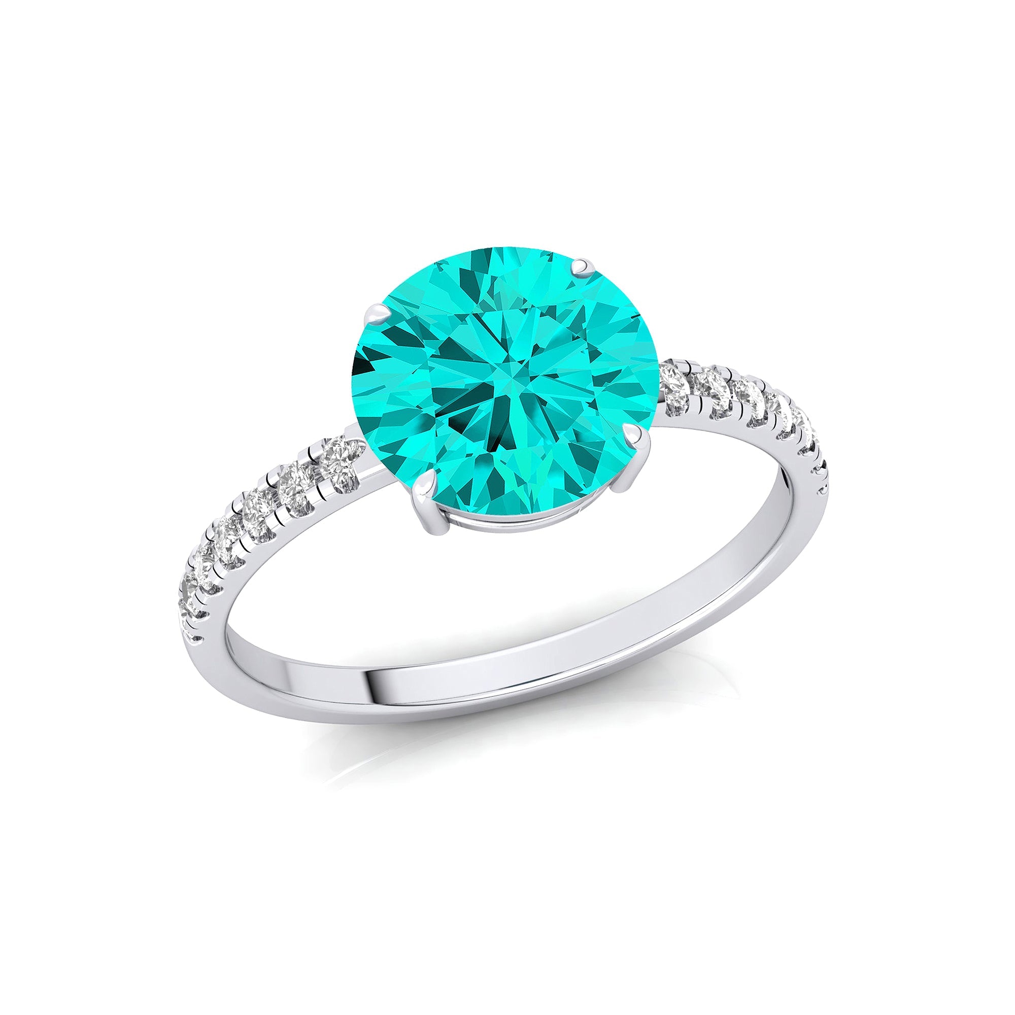 Classic Six Prong Round Solitaire Paraiba Tourmaline Ring with Accent Diamond Band - GeumJewels