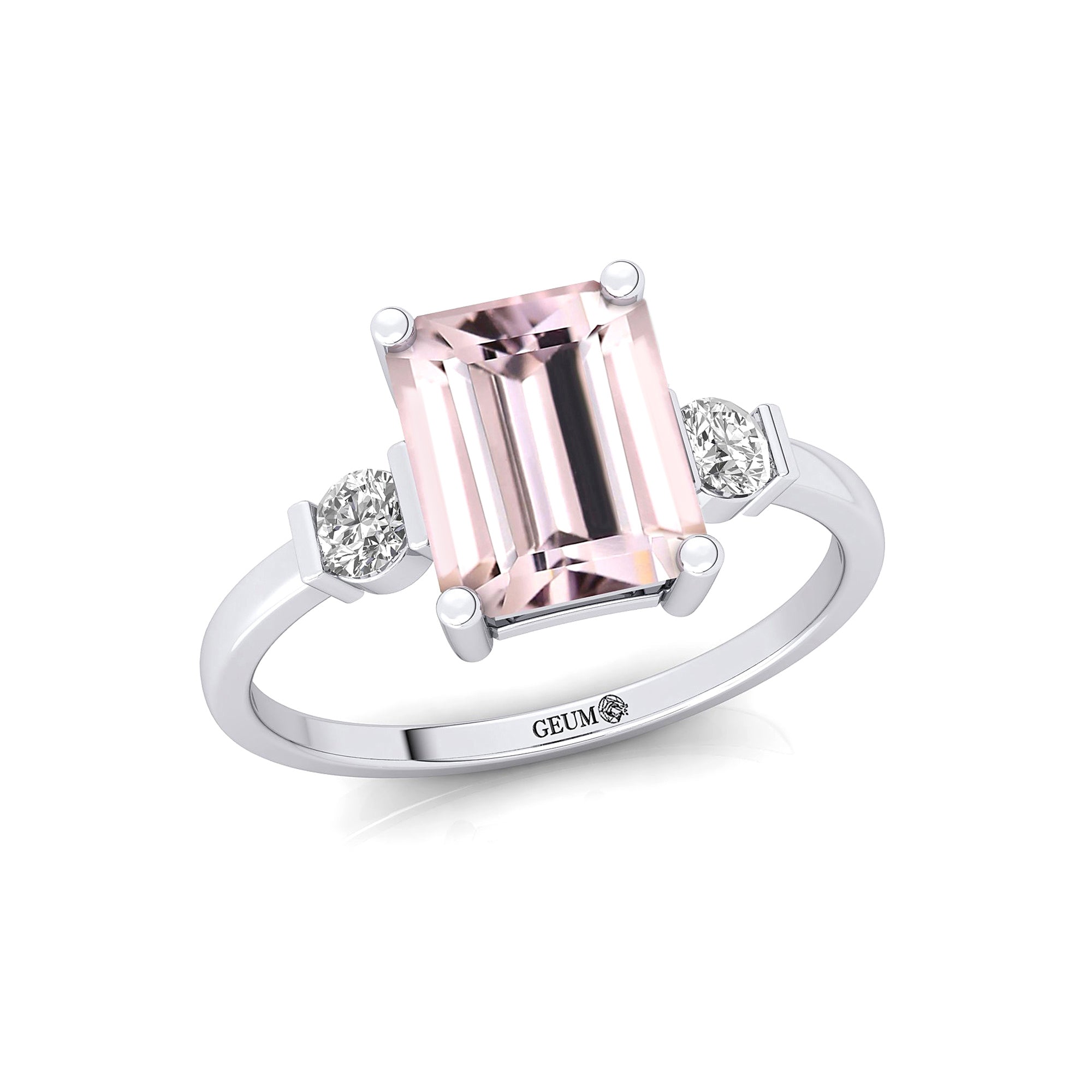 Emerald Cut Morganite and Diamond Three Stone Ring - GeumJewels