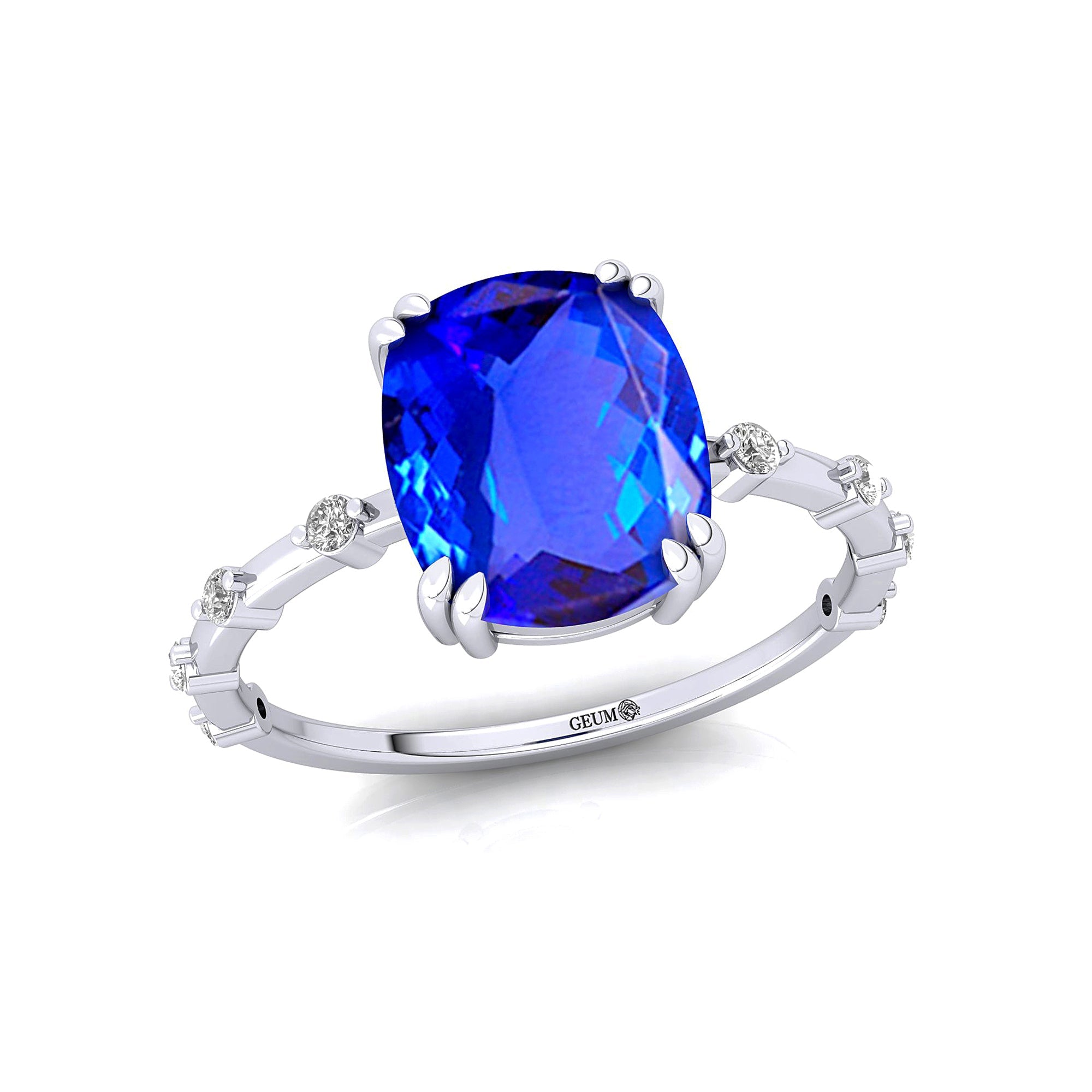 Cushion Cut Tanzanite Engagement Ring with Distant Diamond Band - GeumJewels
