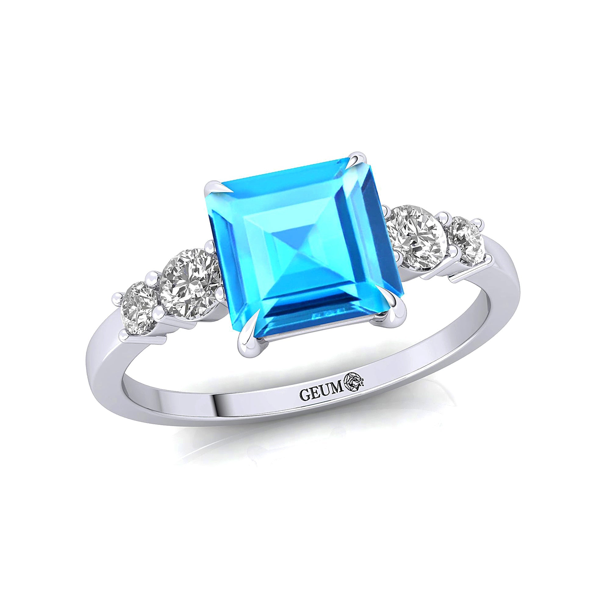 Princess Cut Swiss Blue Topaz Graduating Accent Diamond Ring - GeumJewels