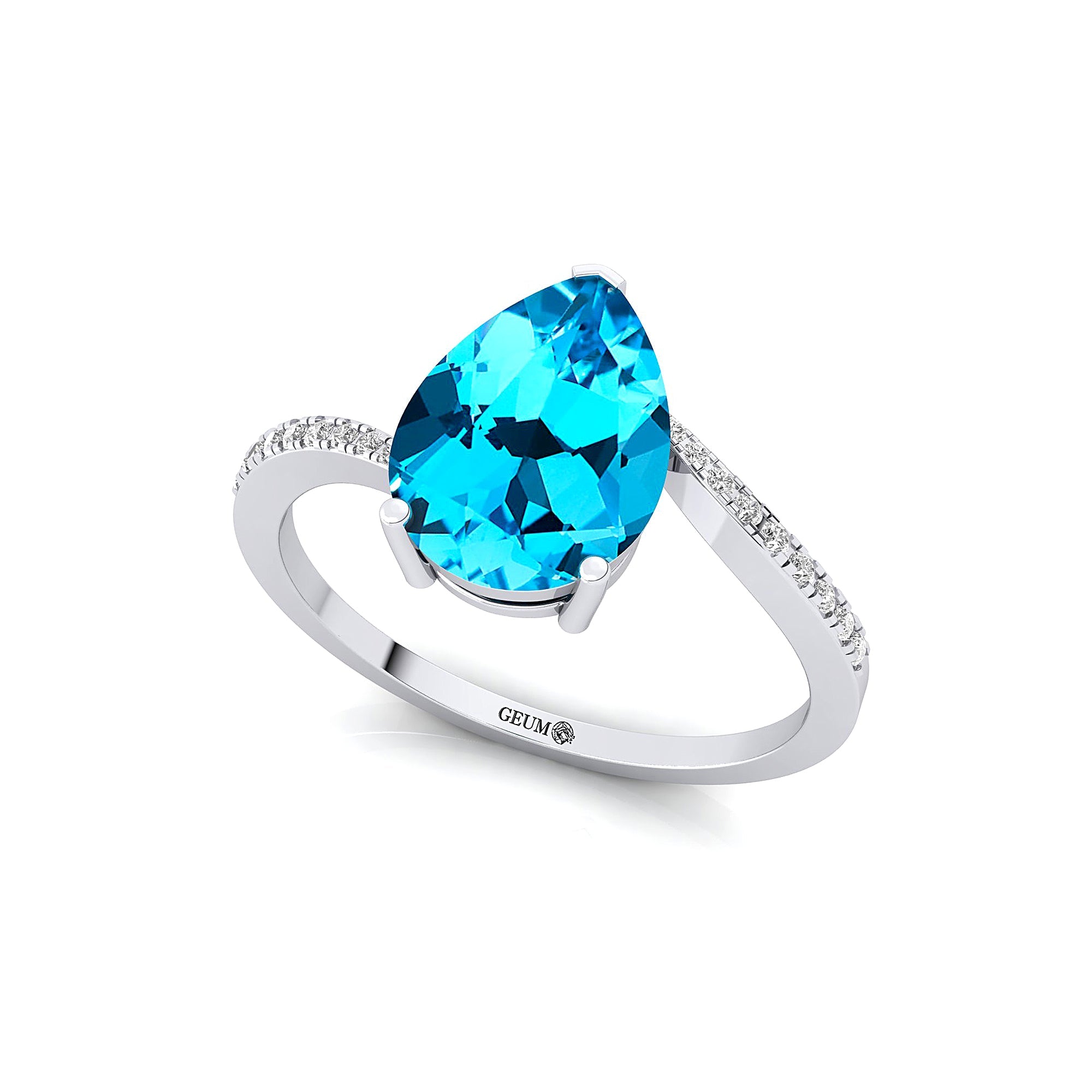 Twisted Up Down Band Pear Shaped Swiss Blue Topaz Ring with Accent Diamonds - GeumJewels
