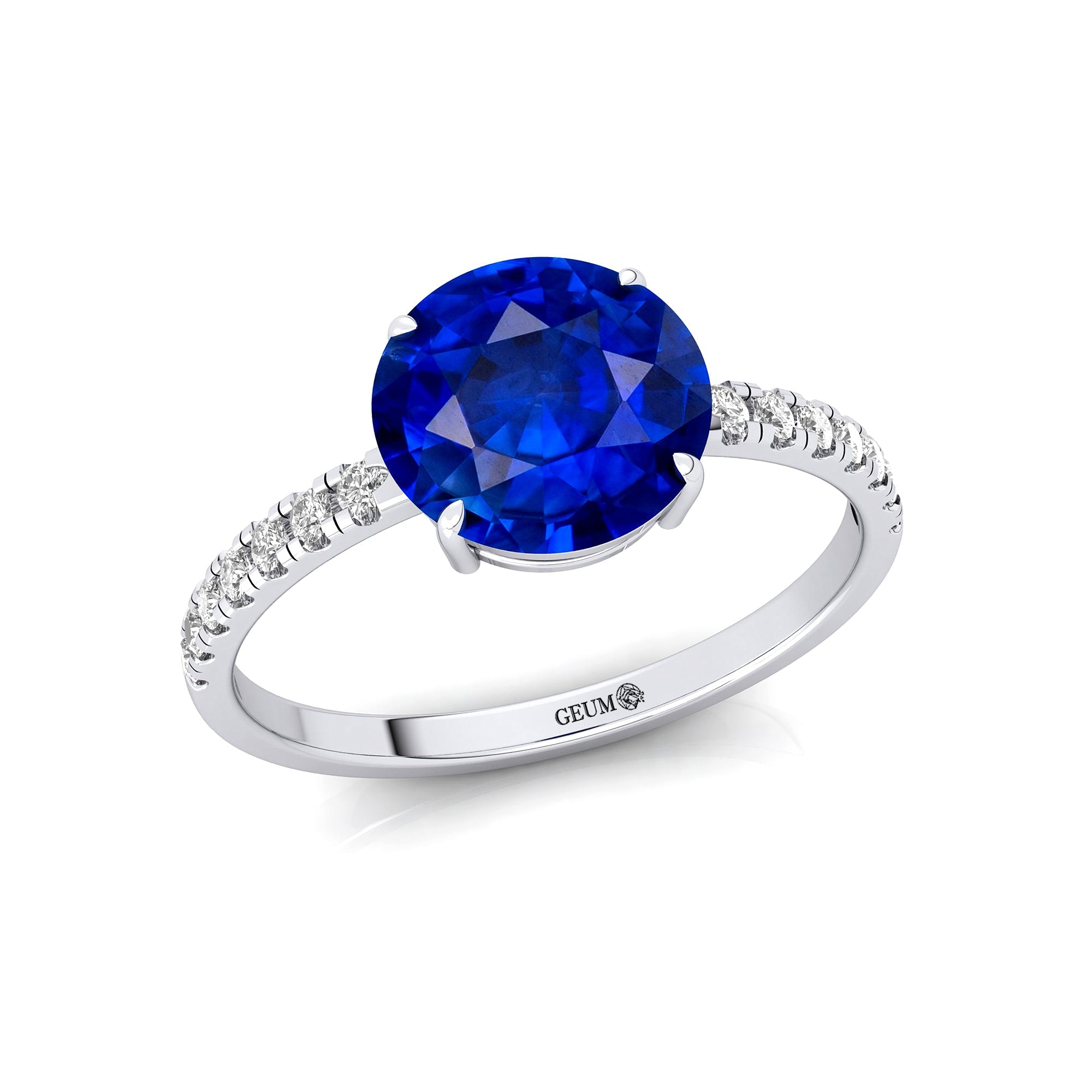 Classic Six Prong Round Solitaire Blue Sapphire Ring with Accent Diamond Band - GeumJewels