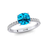 Swiss Blue Topaz Square Cushion Under Halo Diamonds Thin Ring with Diamond Band - GeumJewels