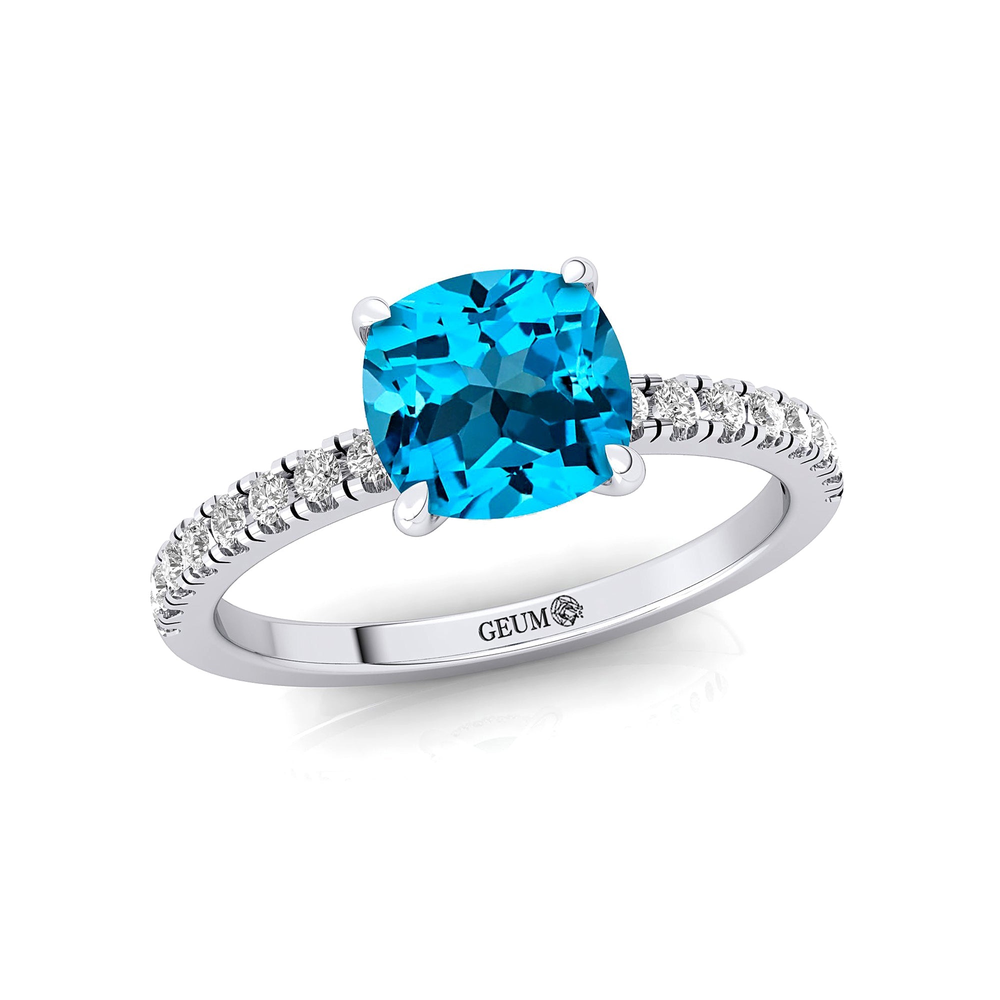 Swiss Blue Topaz Square Cushion Under Halo Diamonds Thin Ring with Diamond Band - GeumJewels