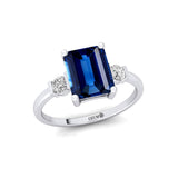 Emerald Cut Blue Sapphire and Diamond Three Stone Ring - GeumJewels