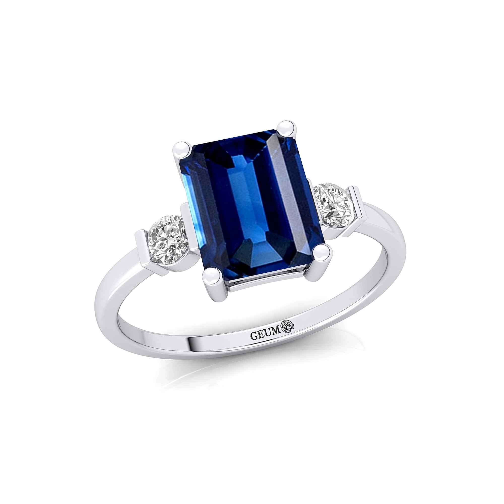 Emerald Cut Blue Sapphire and Diamond Three Stone Ring - GeumJewels