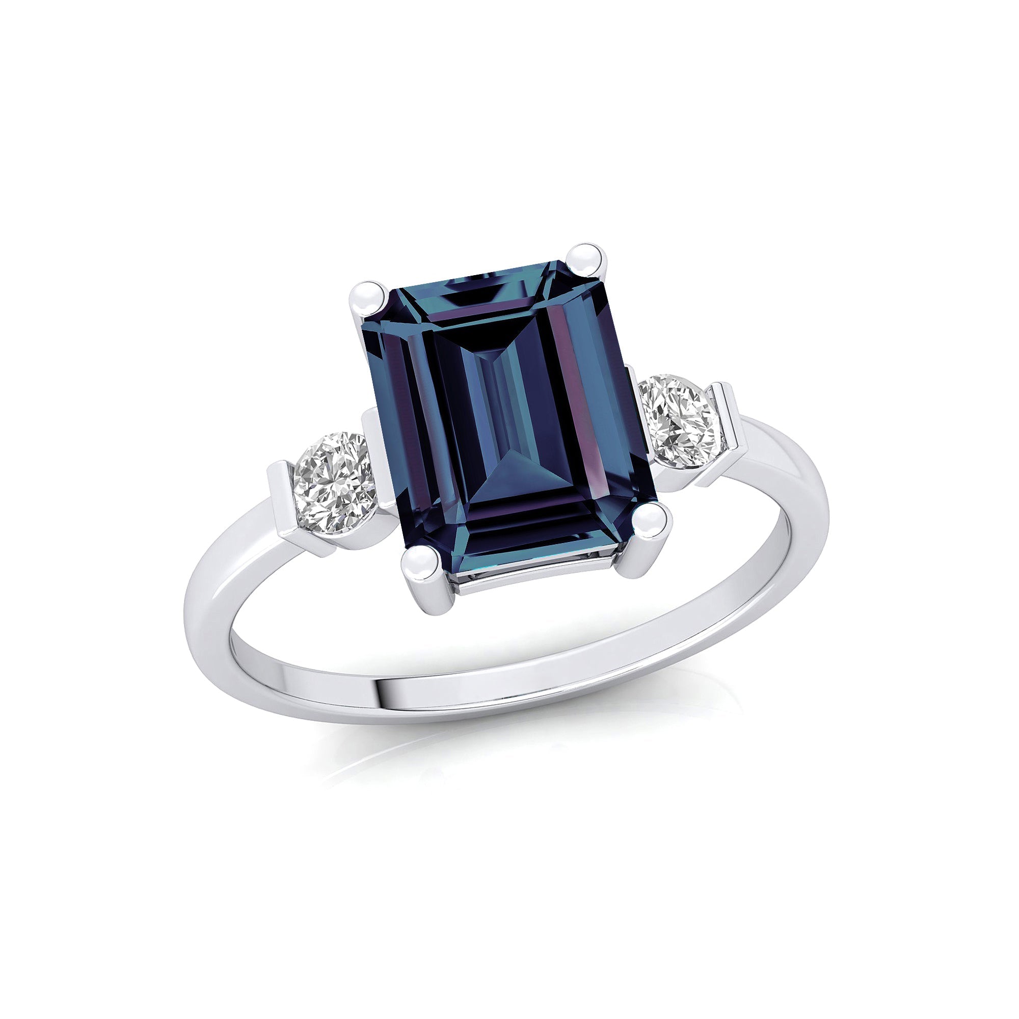 Emerald Cut Alexandrite and Diamond Three Stone Ring - GeumJewels