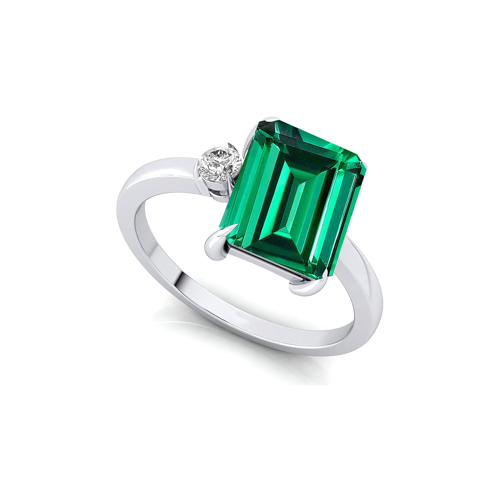 Emerald Shaped Emerald with 3mm Accent Solitaire Engagement Ring - GeumJewels