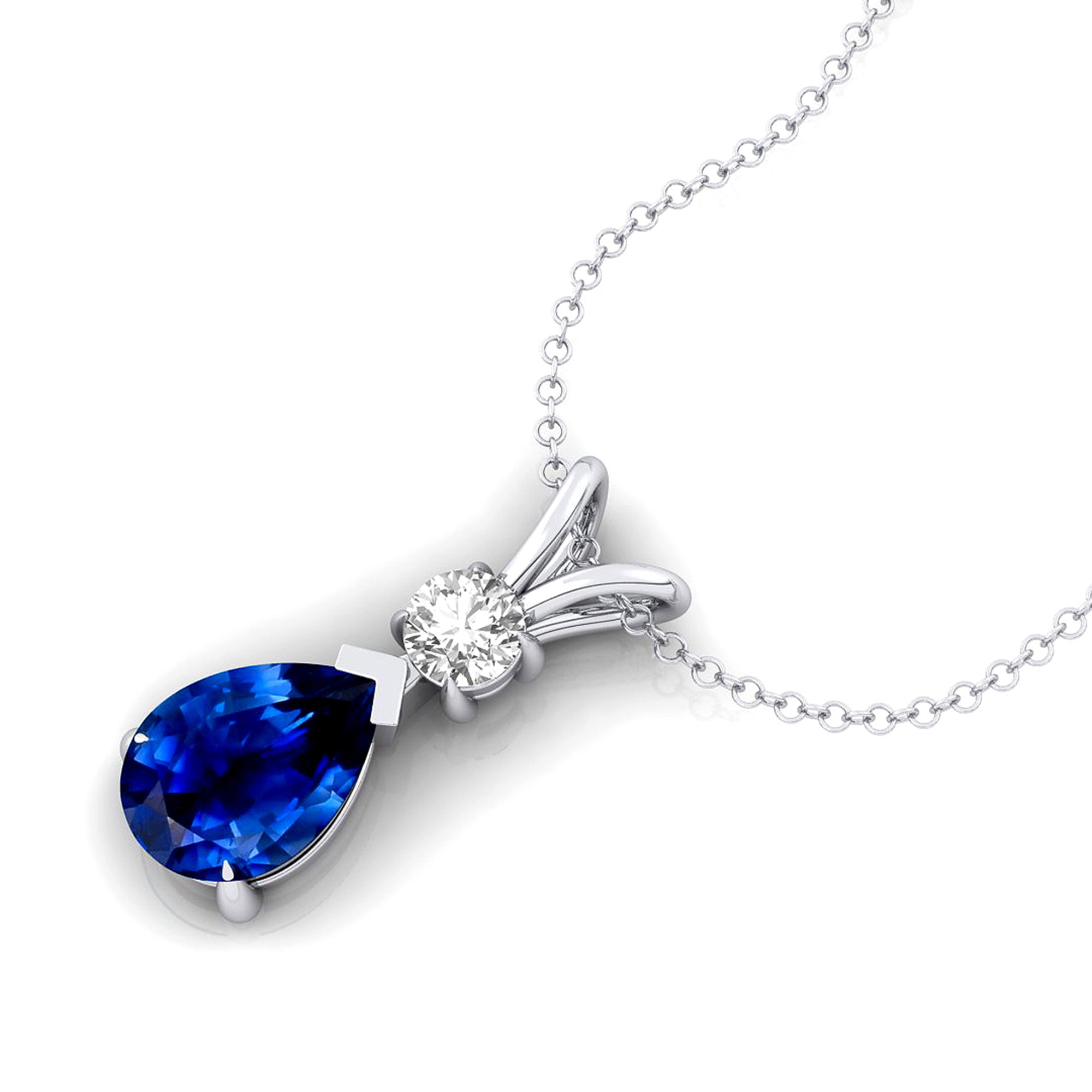 Blue Sapphire Teardrop Pendant with Solitaire Diamond - GeumJewels
