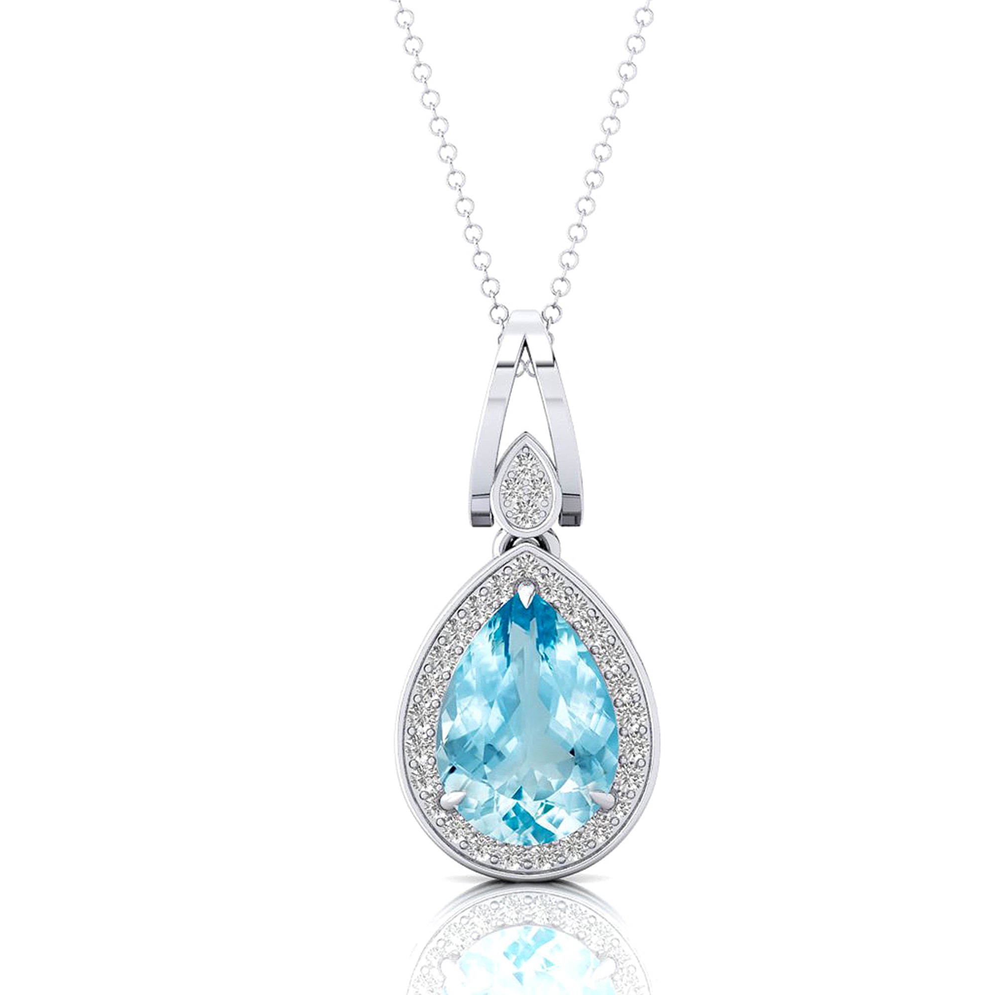 Classic Teardrop Shaped Aquamarine Halo Diamond Dangle Pendant - GeumJewels