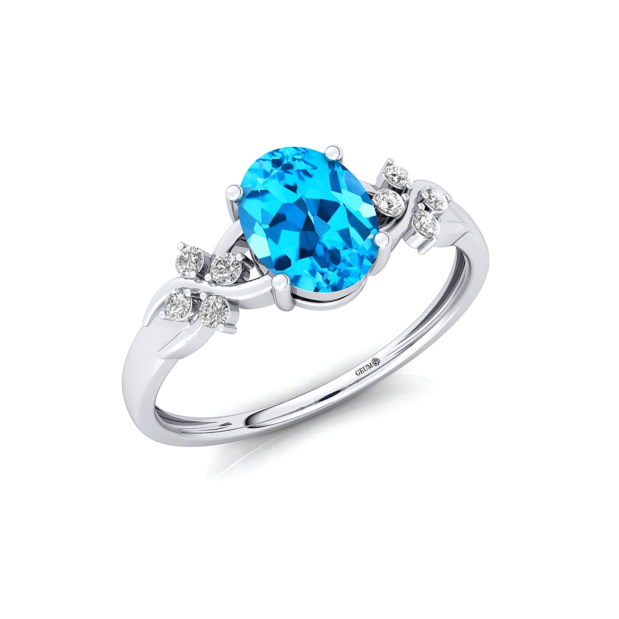 Criss Cross Diamond Ring with Oval Cut Swiss Blue Topaz - GeumJewels