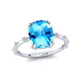 Cushion Cut Swiss Blue Topaz Engagement Ring with Distant Diamond Band - GeumJewels
