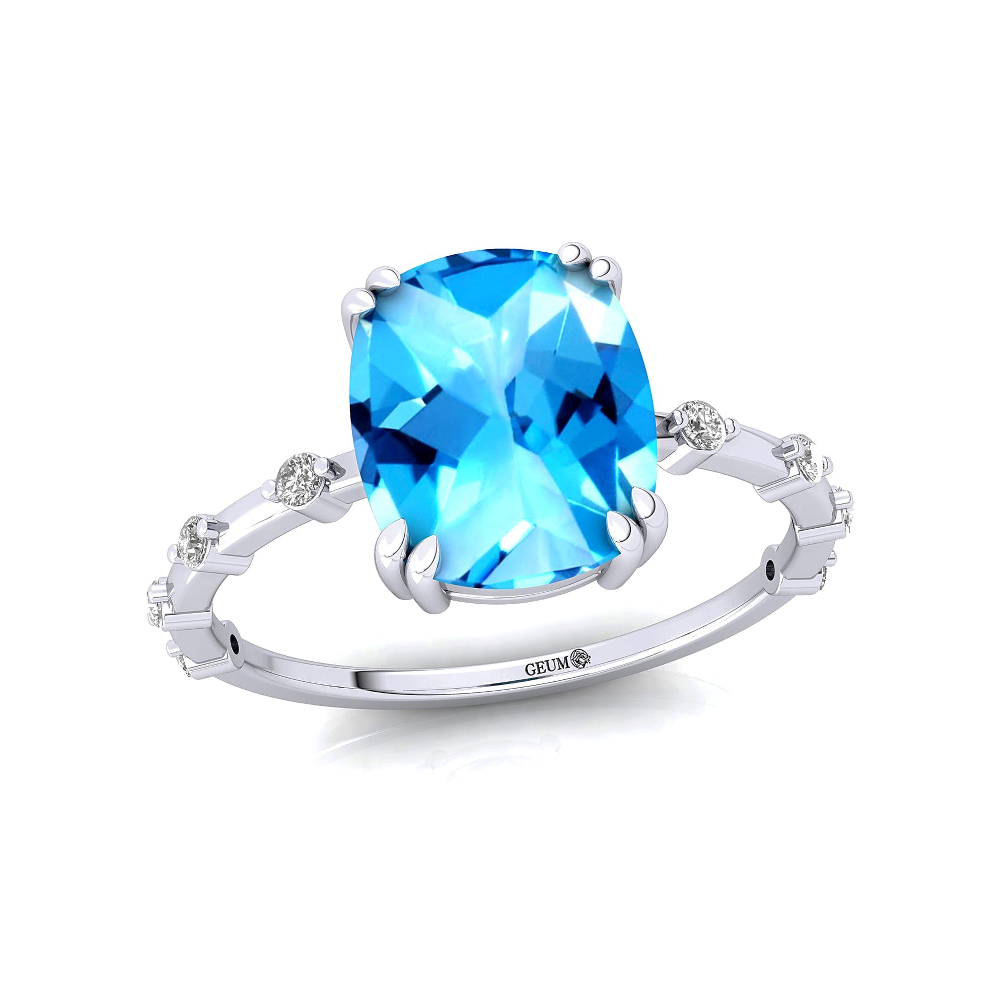 Cushion Cut Swiss Blue Topaz Engagement Ring with Distant Diamond Band - GeumJewels