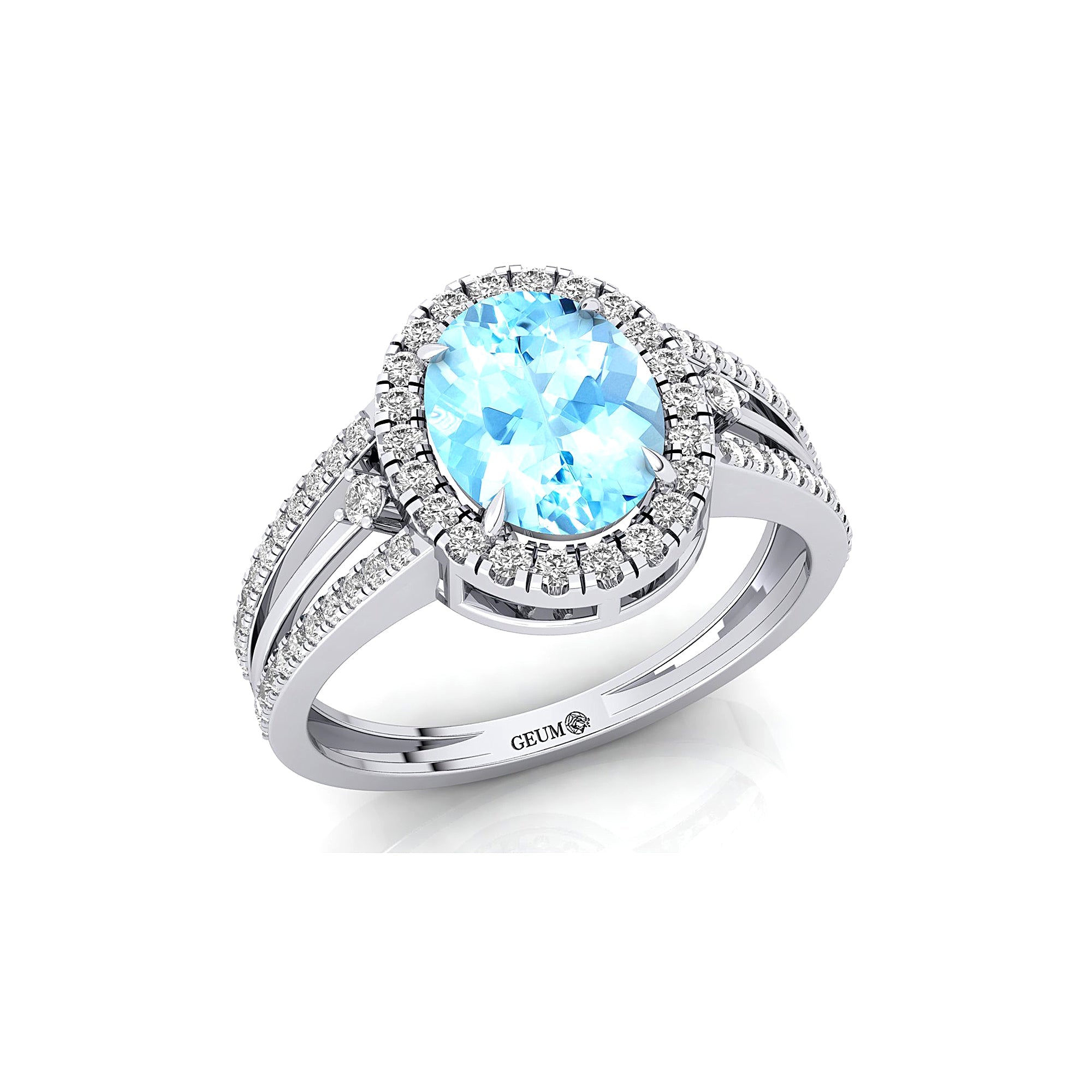 Solitaire Oval Aquamarine Split Shank Diamond Engagement Ring - GeumJewels