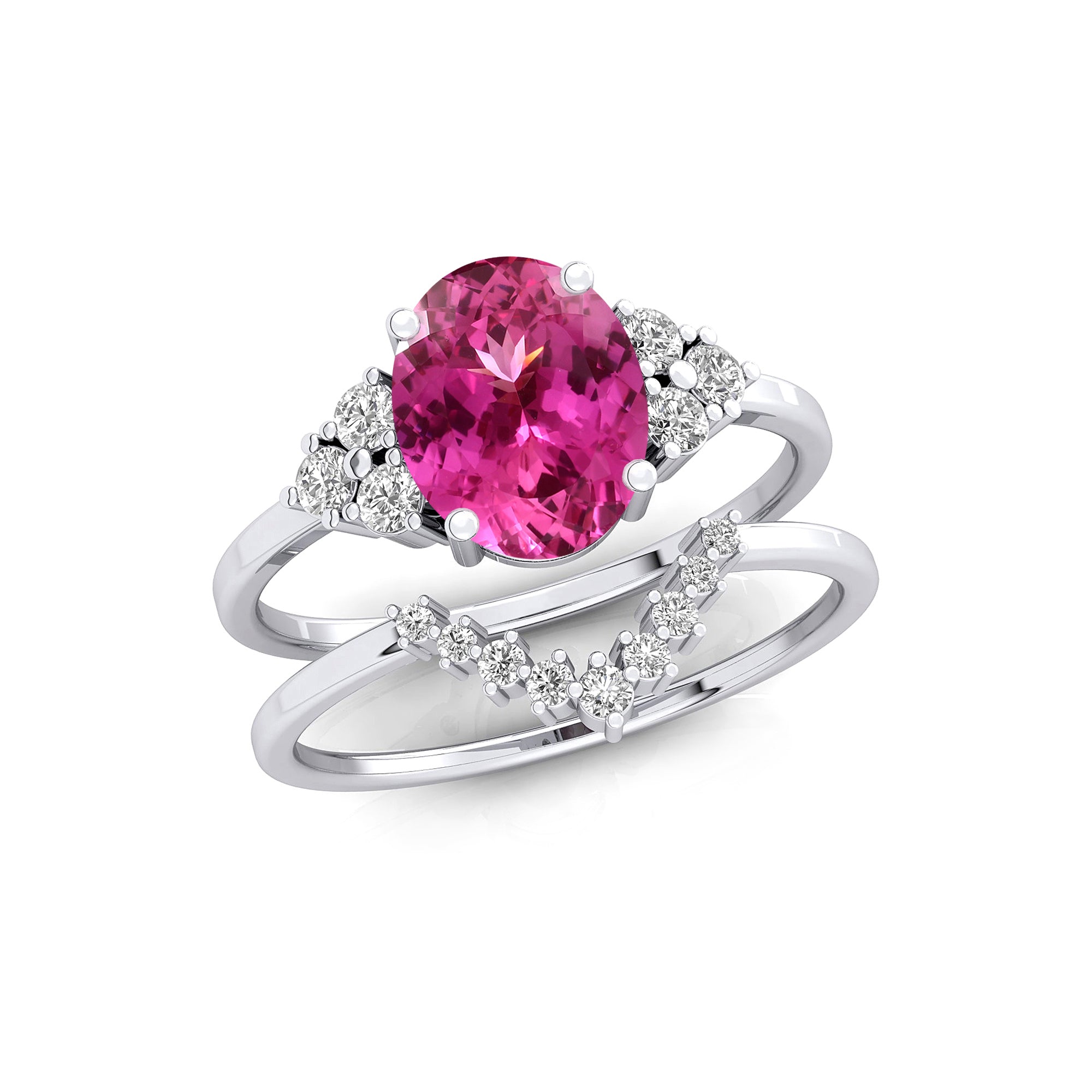 Pink Sapphire Solitaire Gold Ring With Stackable Diamond Band - GeumJewels