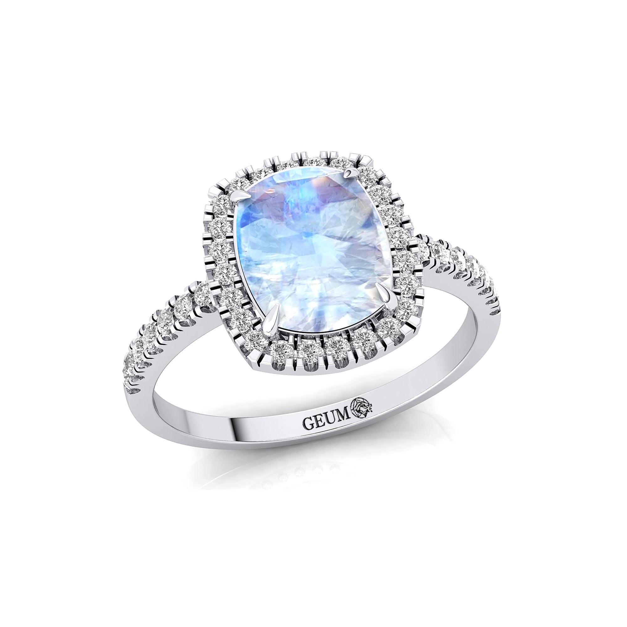 Elongated Cushion Halo Set Moonstone Engagement Ring with Diamond Band - GeumJewels
