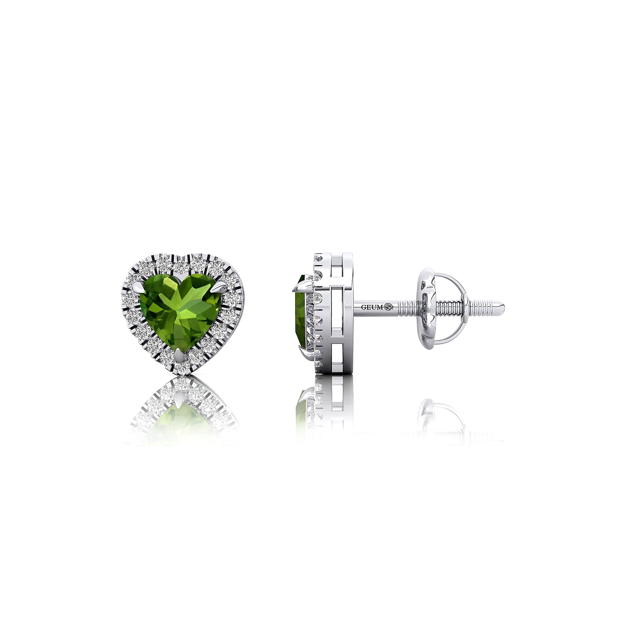 Heart Shaped Peridot Halo Diamond Stud Earrings - GeumJewels