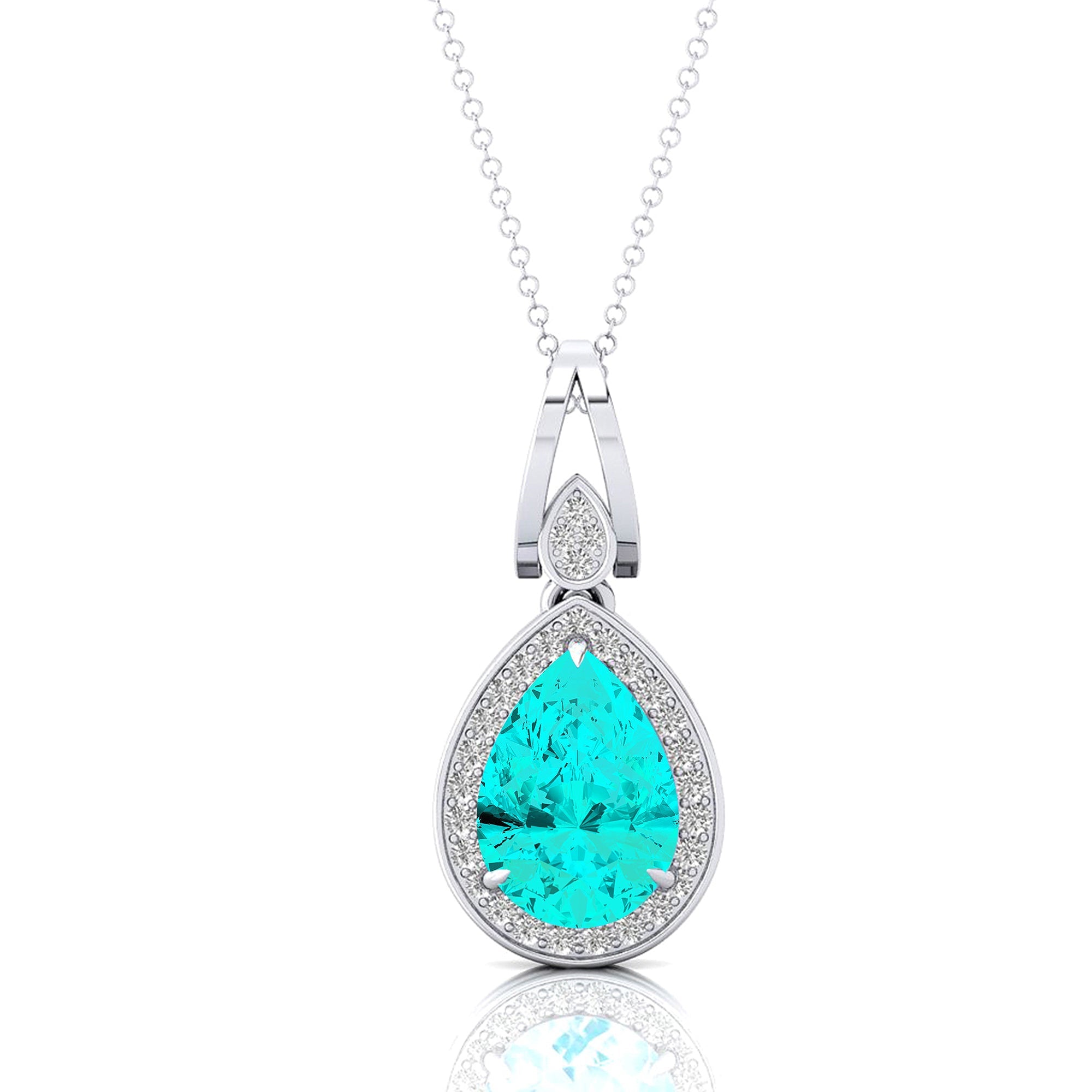 Classic Teardrop Shaped Paraiba Tourmaline Halo Diamond Dangle Pendant - GeumJewels