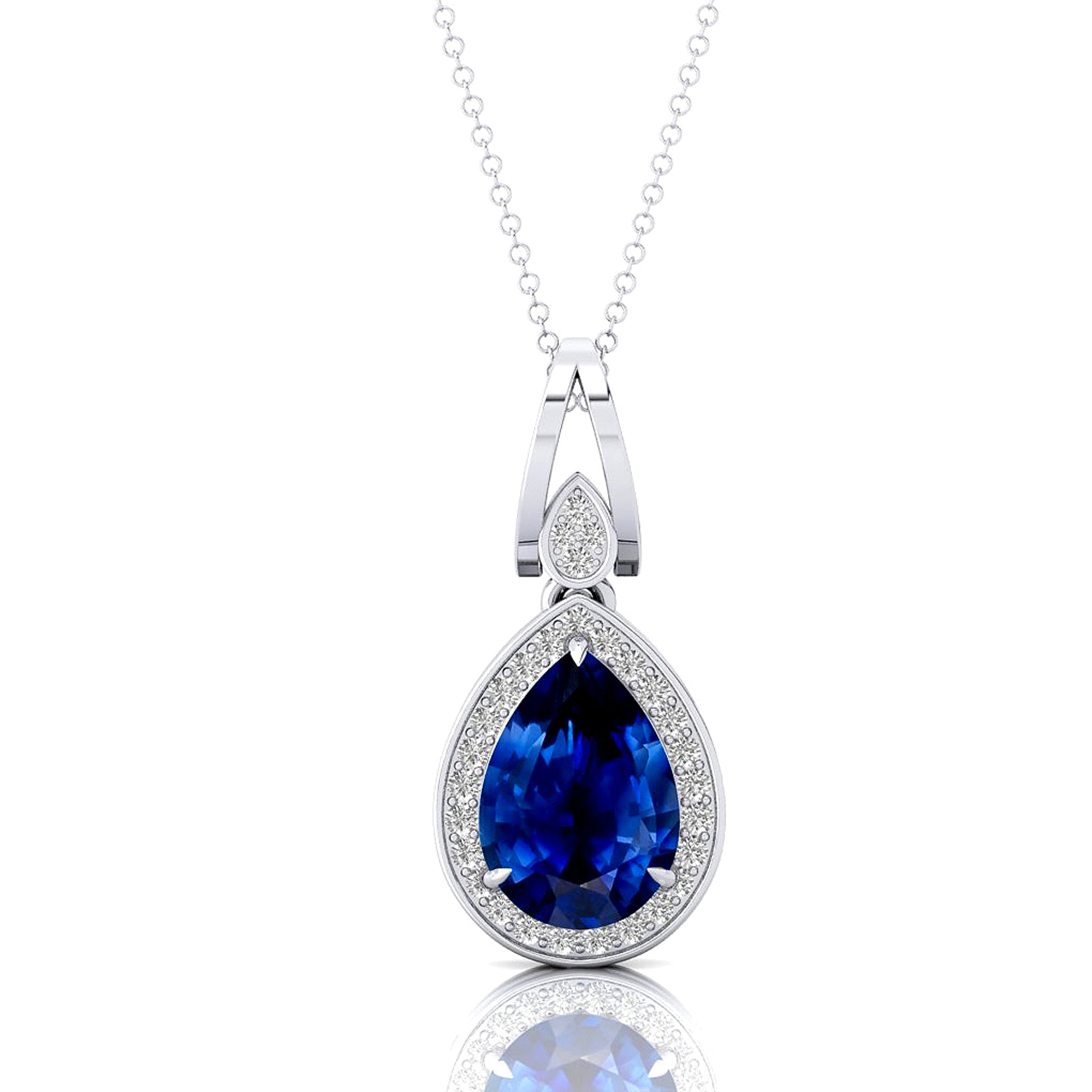 Classic Teardrop Shaped Blue Sapphire Halo Diamond Dangle Pendant - GeumJewels