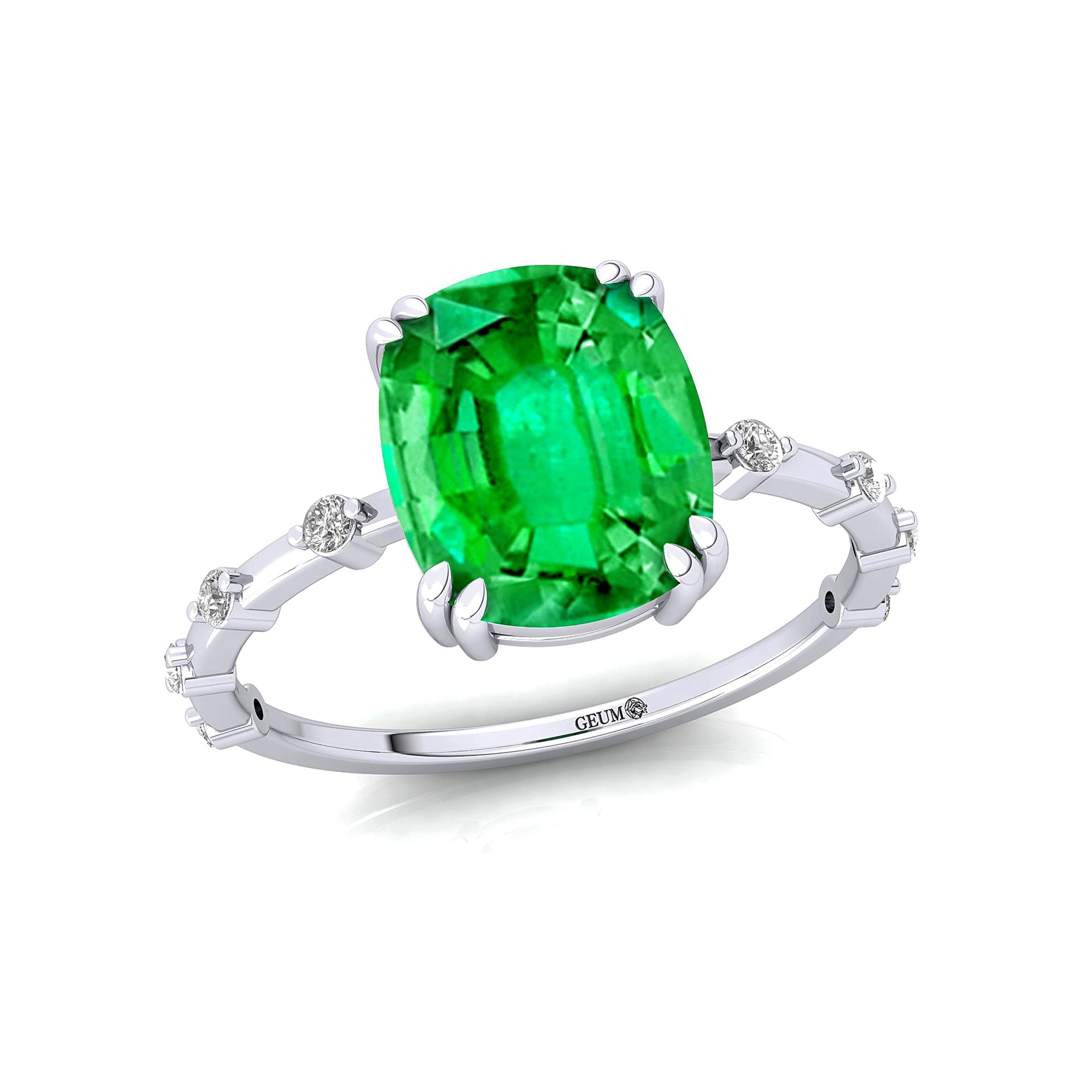 Cushion Cut Emerald Engagement Ring with Distant Diamond Band - GeumJewels