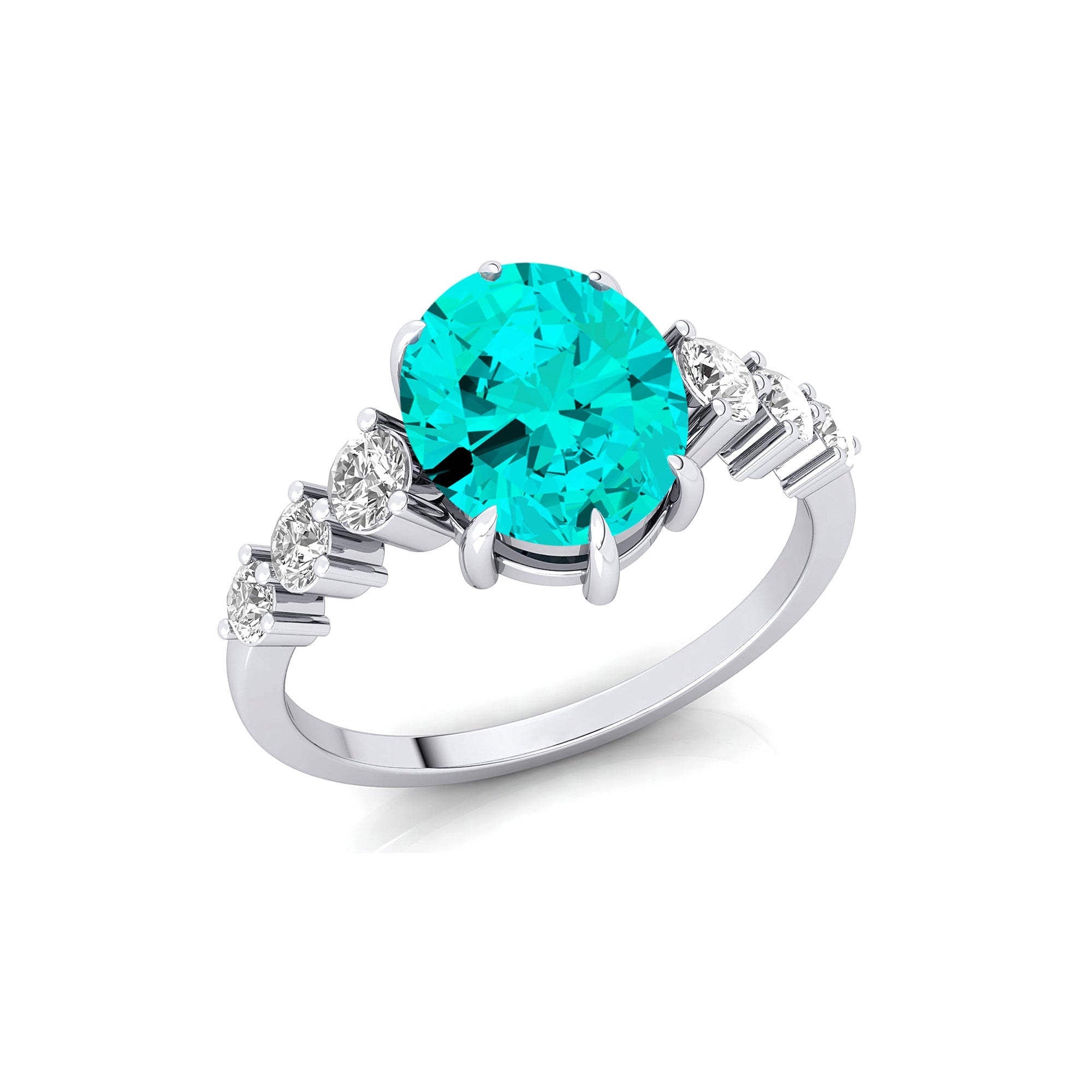 Oval Cut Paraiba Tourmaline with Graduated Diamonds Ring - GeumJewels