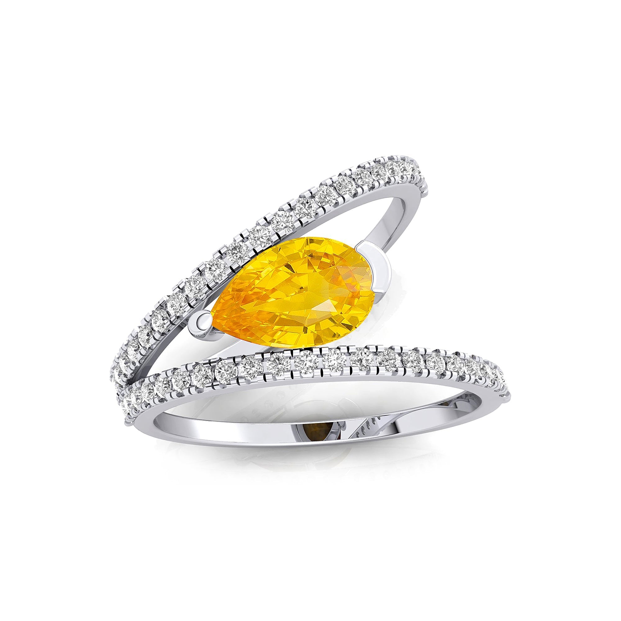 Fashionable V Shaped Diamond Ring with Pear Cut Yellow Sapphire - GeumJewels