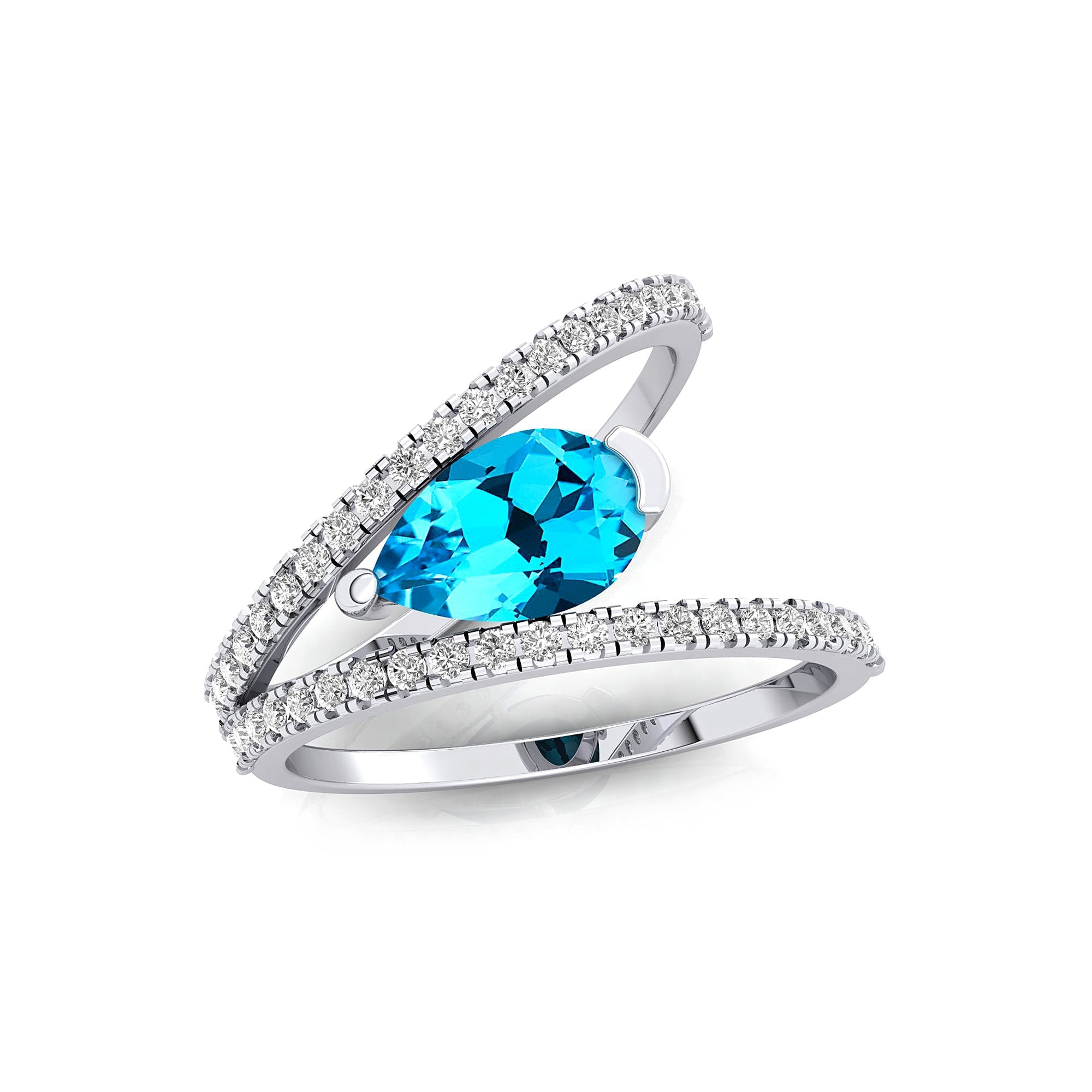 Fashionable V Shaped Diamond Ring with Pear Cut Swiss Blue Topaz - GeumJewels