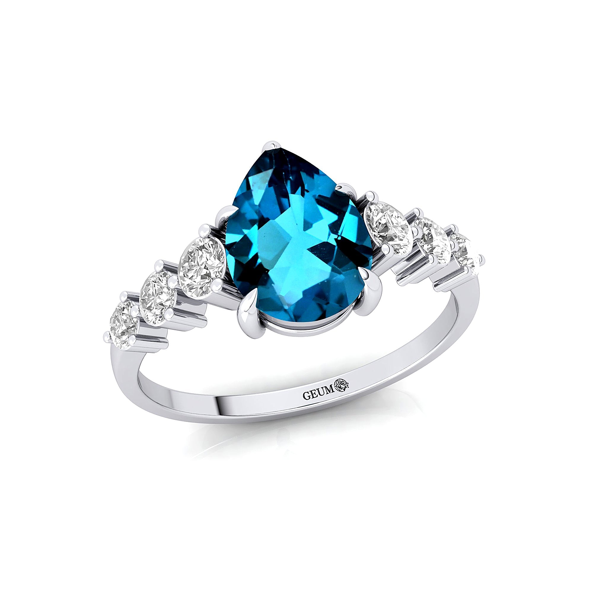 Pear Cut London Blue Topaz with Graduated Diamonds Ring - GeumJewels