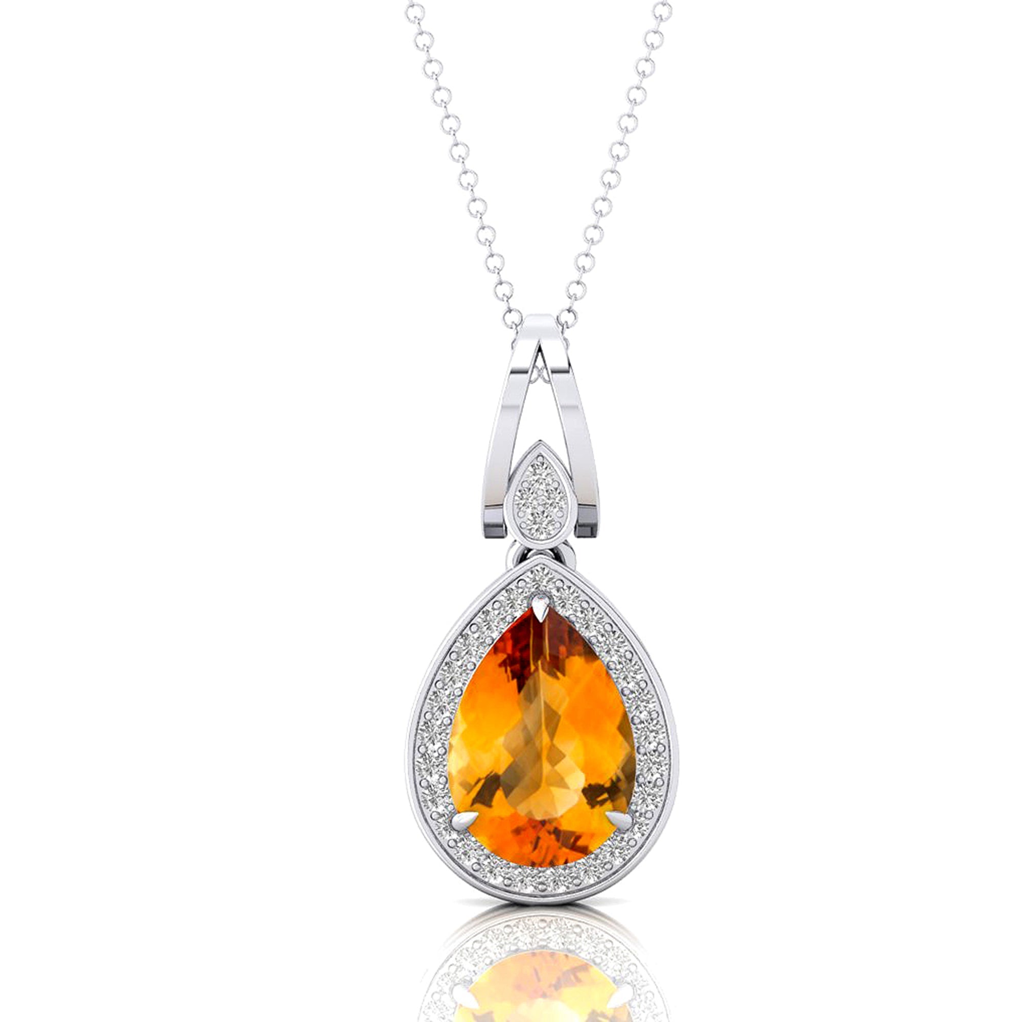 Classic Teardrop Shaped Citrine Halo Diamond Dangle Pendant - GeumJewels