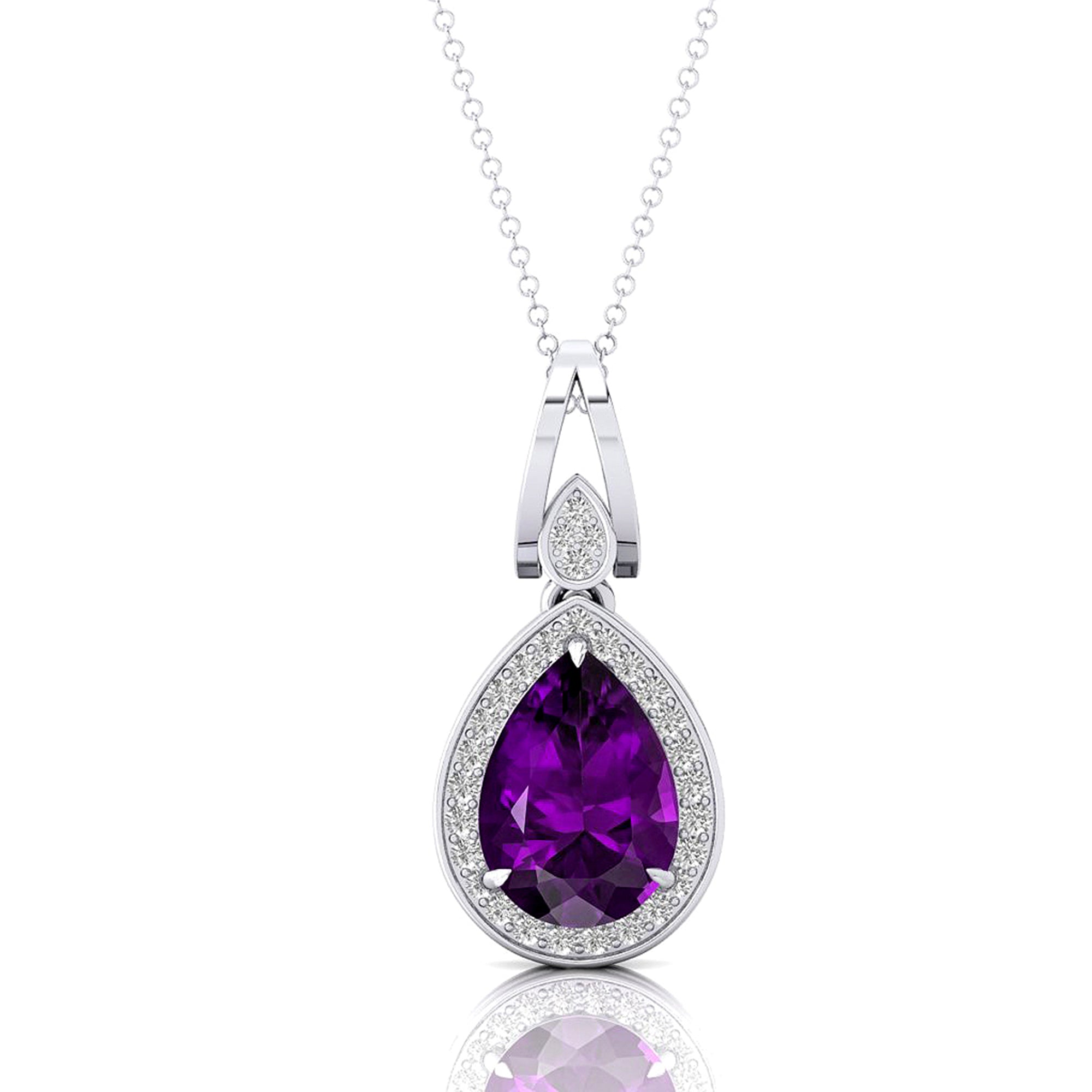 Classic Teardrop Shaped Amethyst Halo Diamond Dangle Pendant - GeumJewels