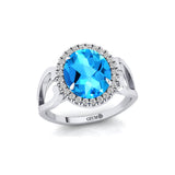 Vintage Love Inspired Oval Swiss Blue Topaz Halo Diamond Engagement Ring - GeumJewels