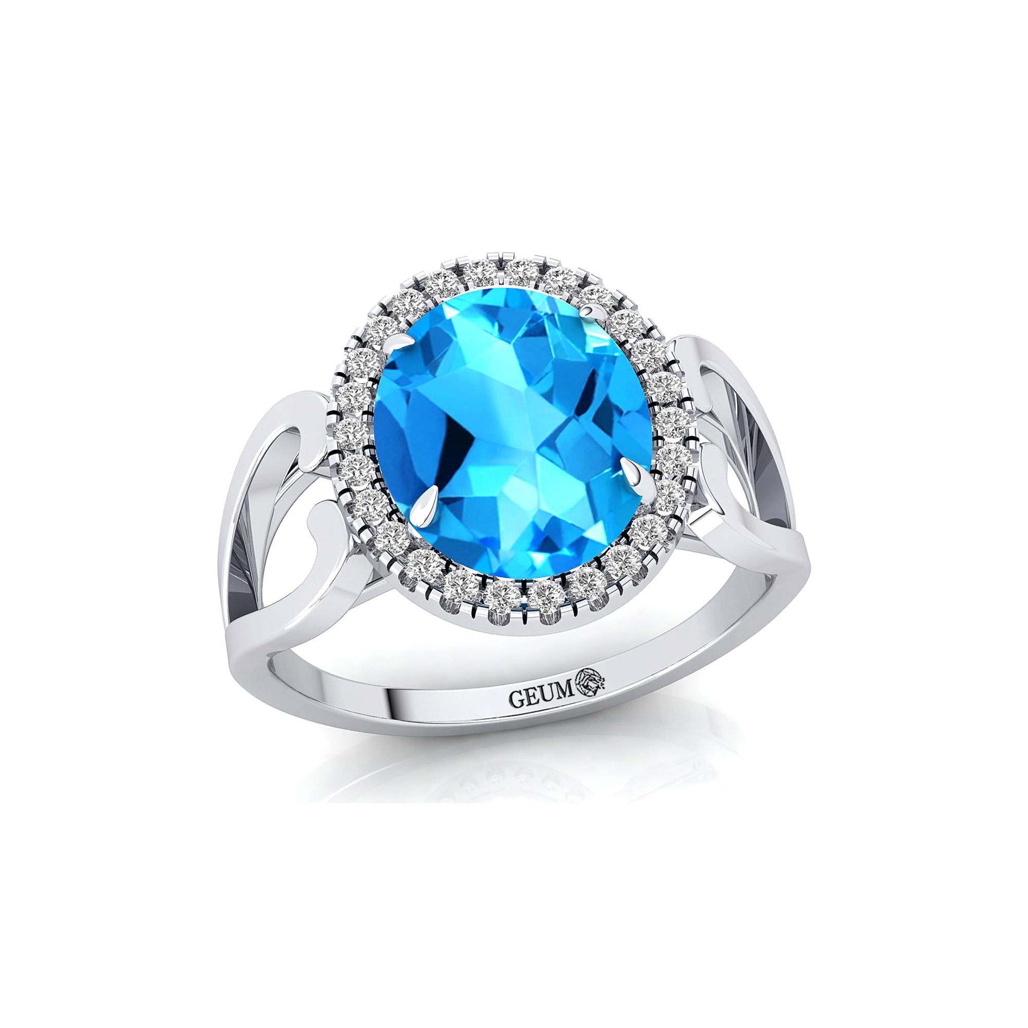 Vintage Love Inspired Oval Swiss Blue Topaz Halo Diamond Engagement Ring - GeumJewels
