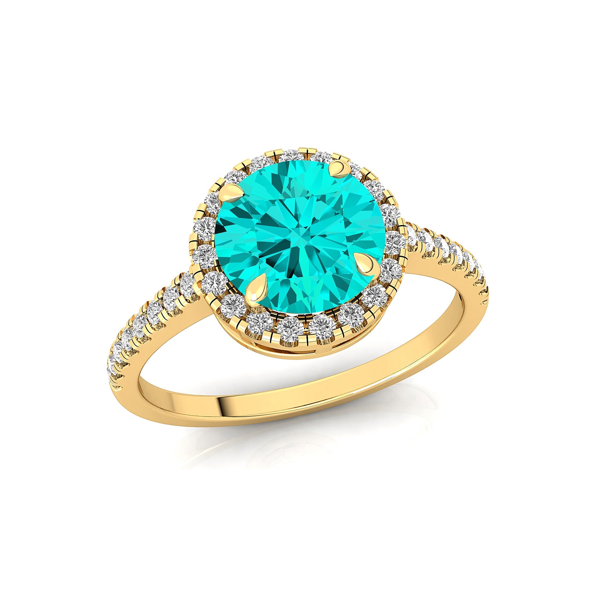 Classic Round Halo Diamonds with Solitaire Paraiba Tourmaline Engagement Ring - GeumJewels