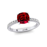 Garnet Square Cushion Under Halo Diamonds Thin Ring with Diamond Band - GeumJewels