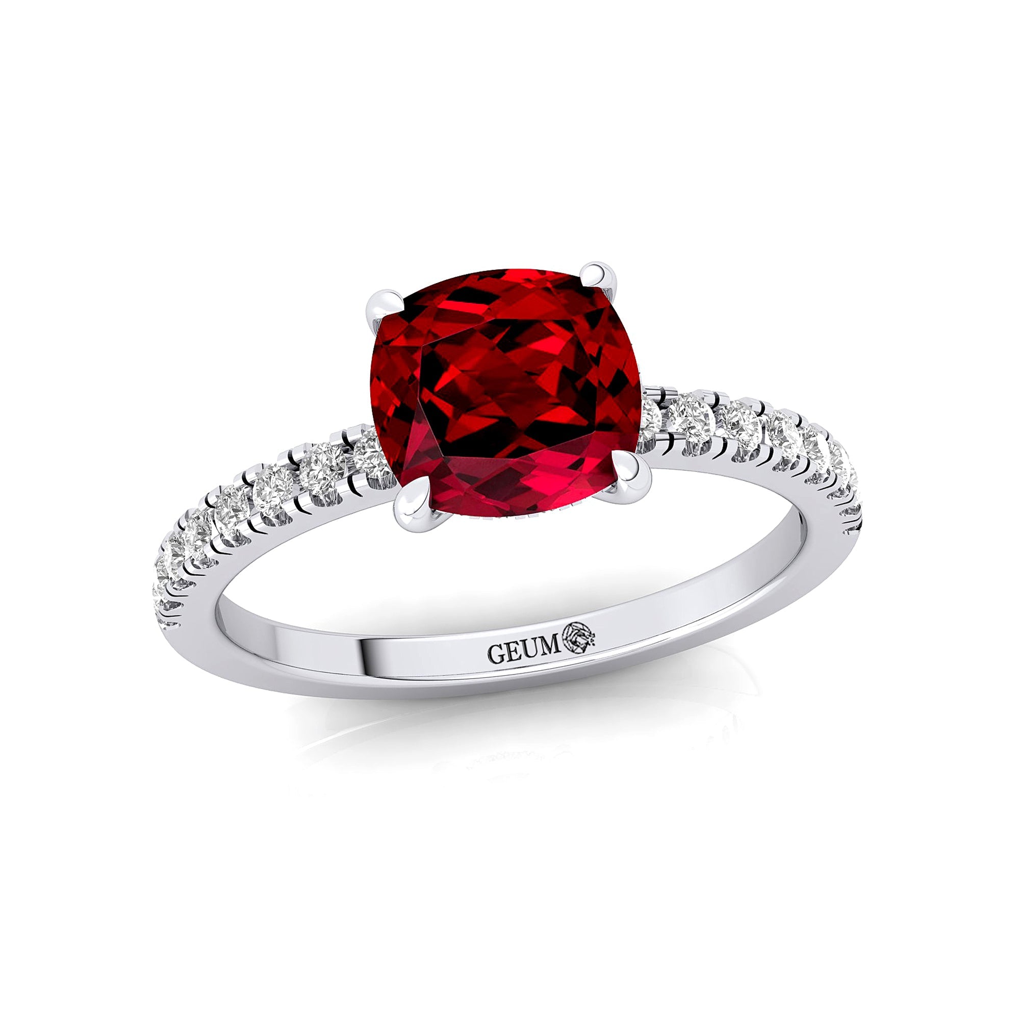 Garnet Square Cushion Under Halo Diamonds Thin Ring with Diamond Band - GeumJewels