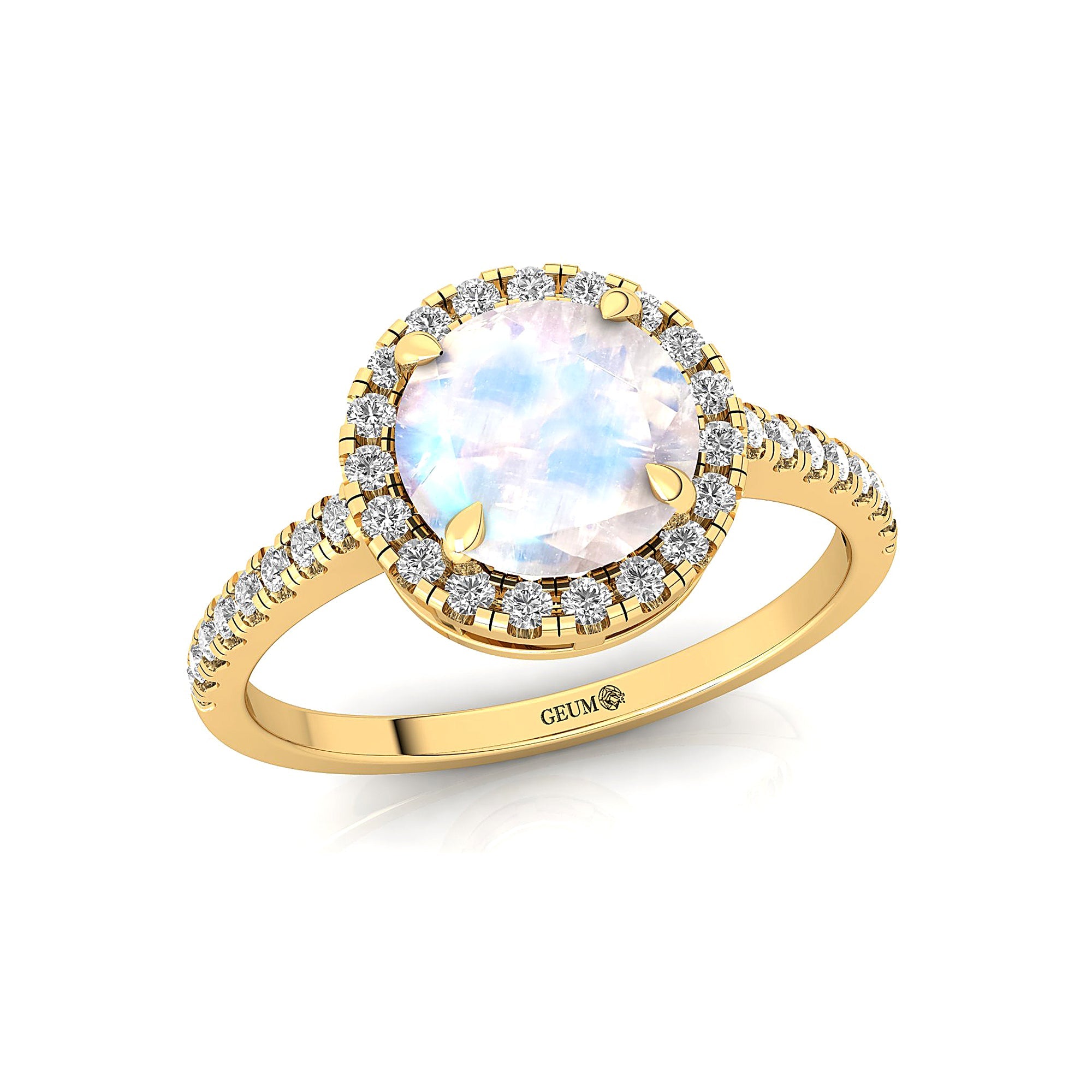 Classic Round Halo Diamonds with Solitaire Moonstone Engagement Ring - GeumJewels